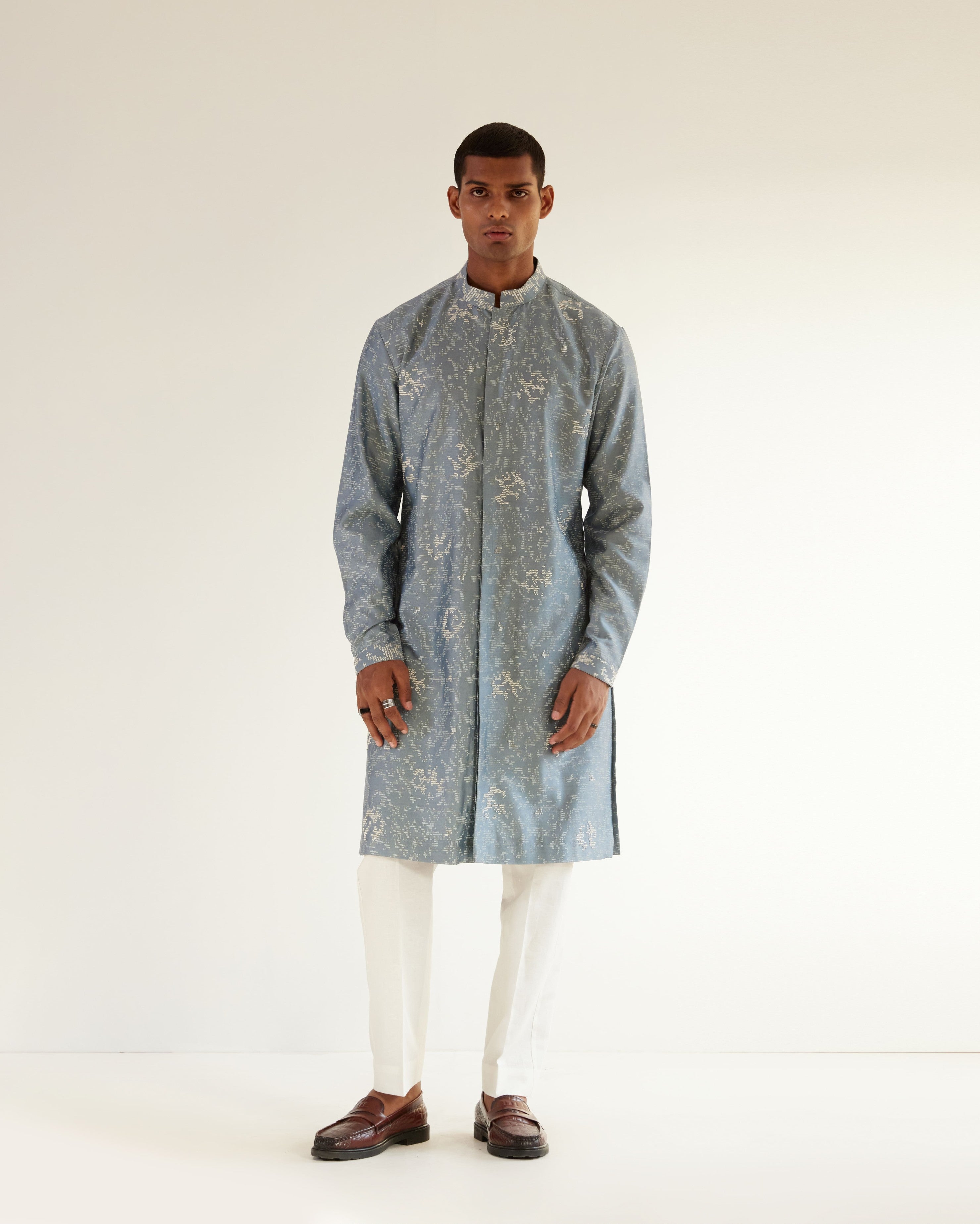 COUNTRYMADE Kurtas Block Embroidered Front Open Kurta Set bleu poudre