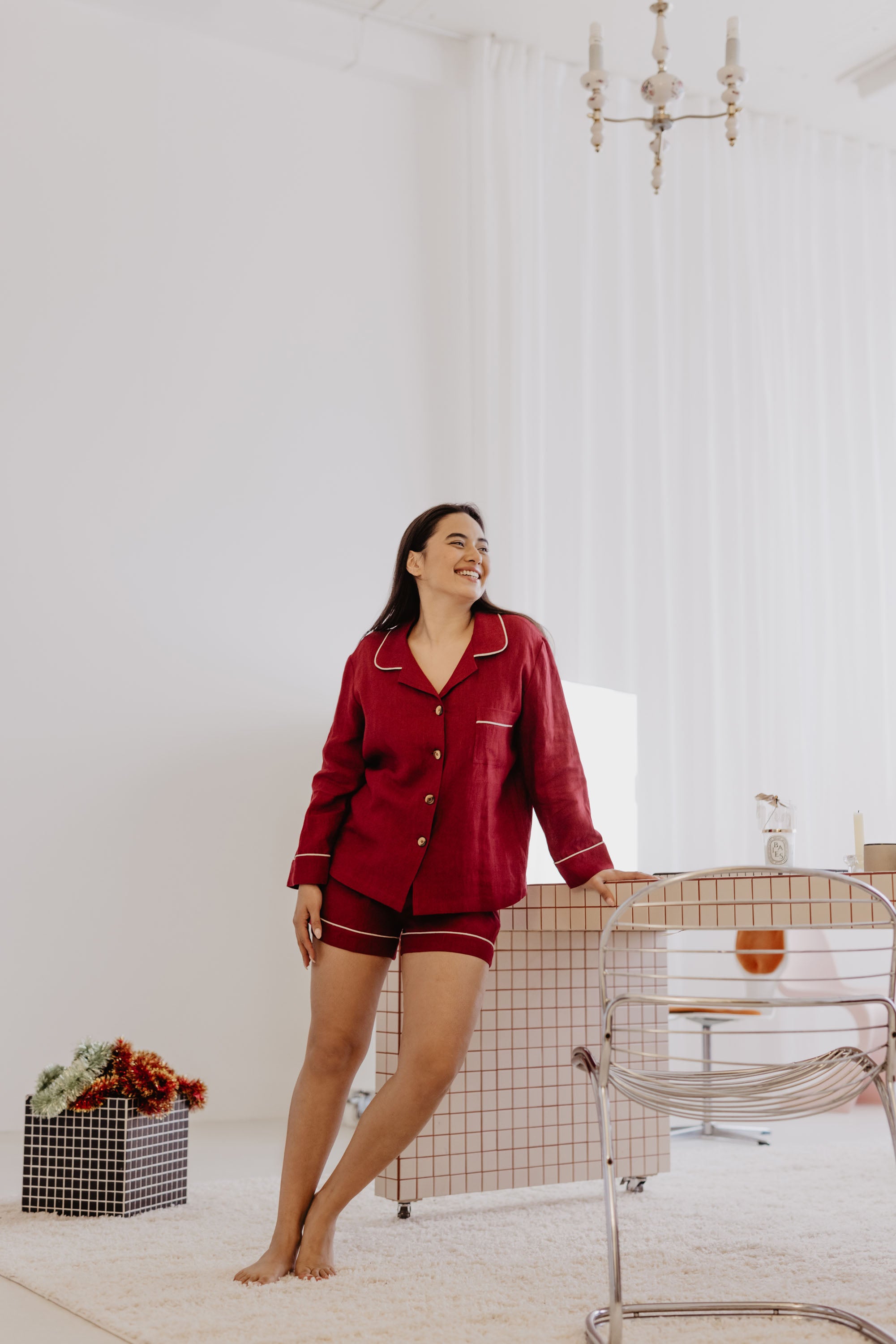 Laumė linen Loungewear PILNATIS pyjama en lin rouge baie XS