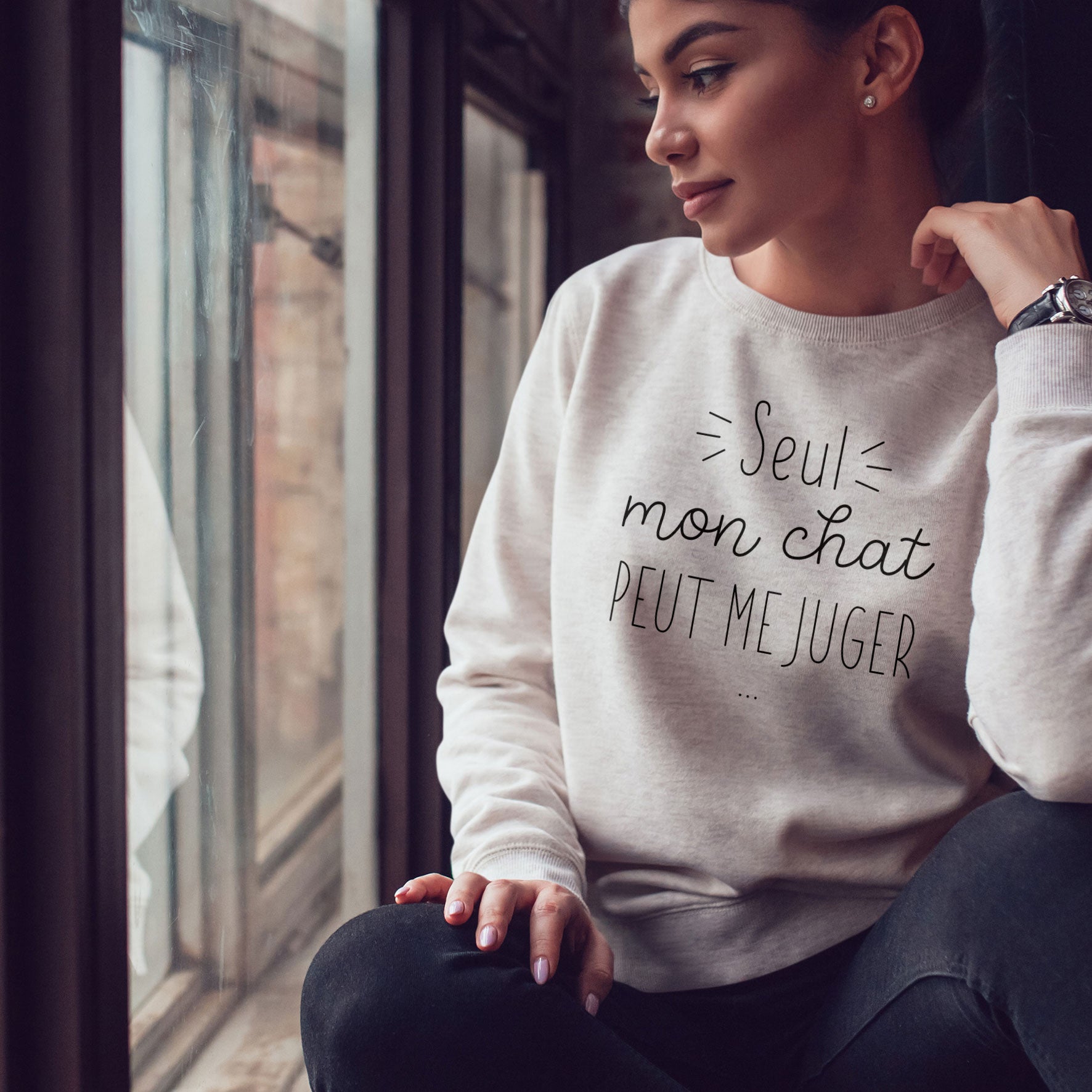 Juste Un T-shirt Sweats Imprimés Seul mon chat peut me juger sweat femme gris chiné
