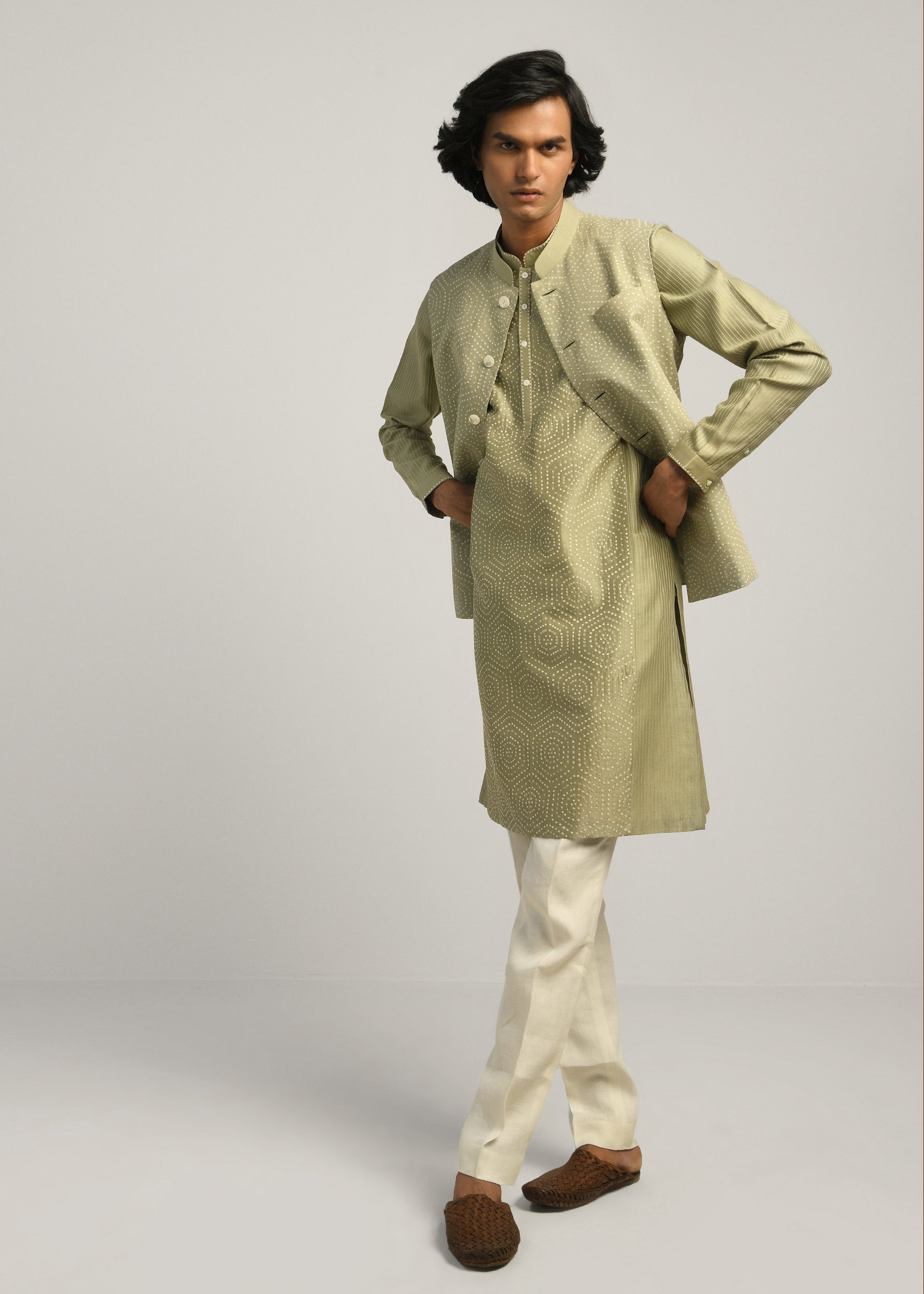 COUNTRYMADE Nehru Jackets Hexa Hand Emb Bundi bundi XS sauge lin coton