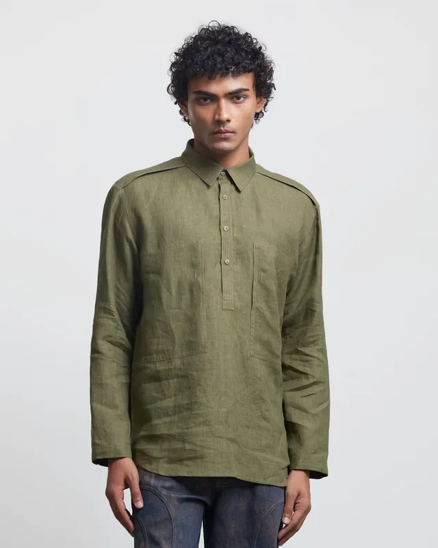 COUNTRYMADE Shirts Faux Button Olive Half-Placket Shirt en lin olive