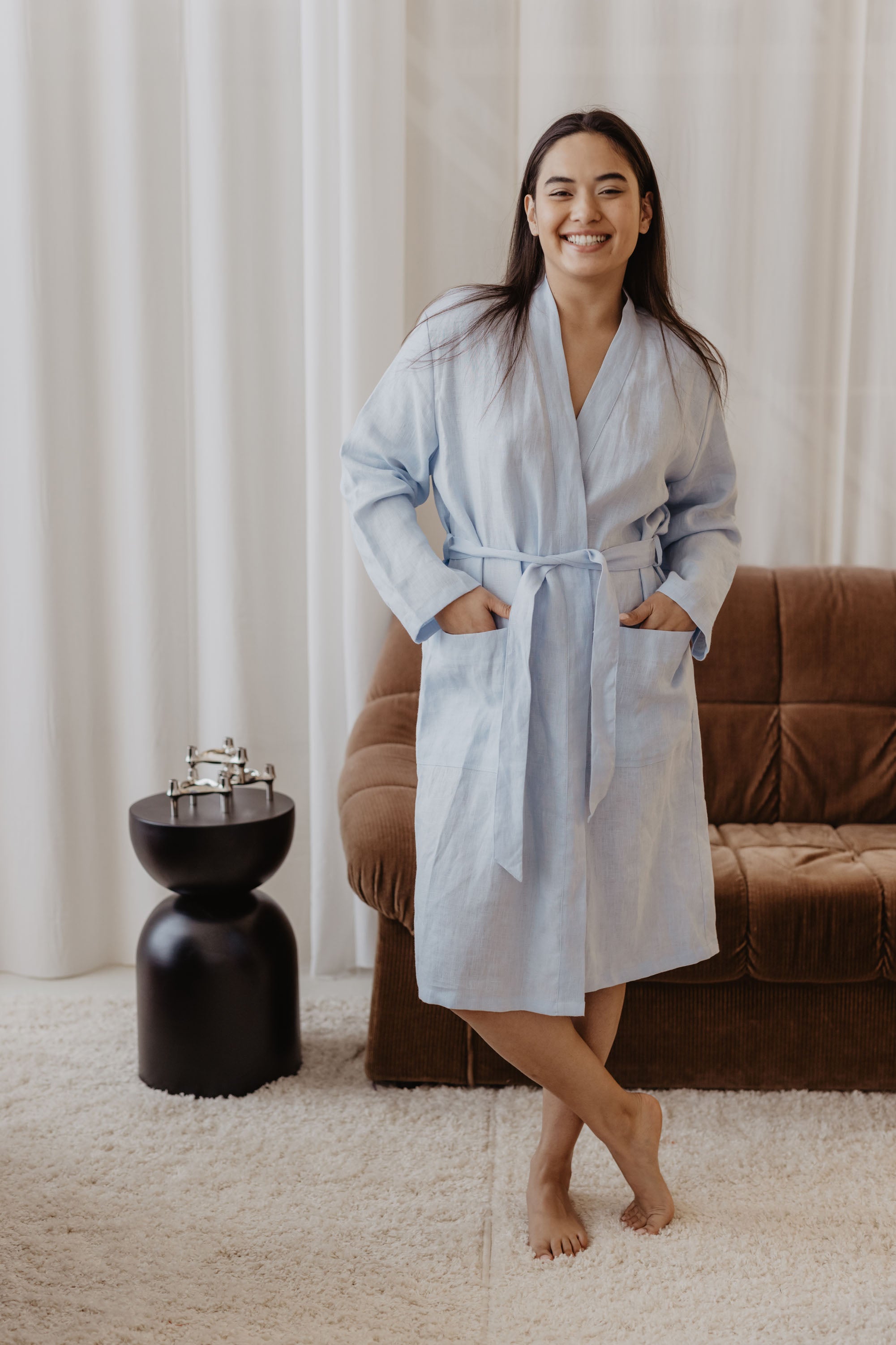 Laumė linen Loungewear DELČIA peignoir bleu ciel en lin