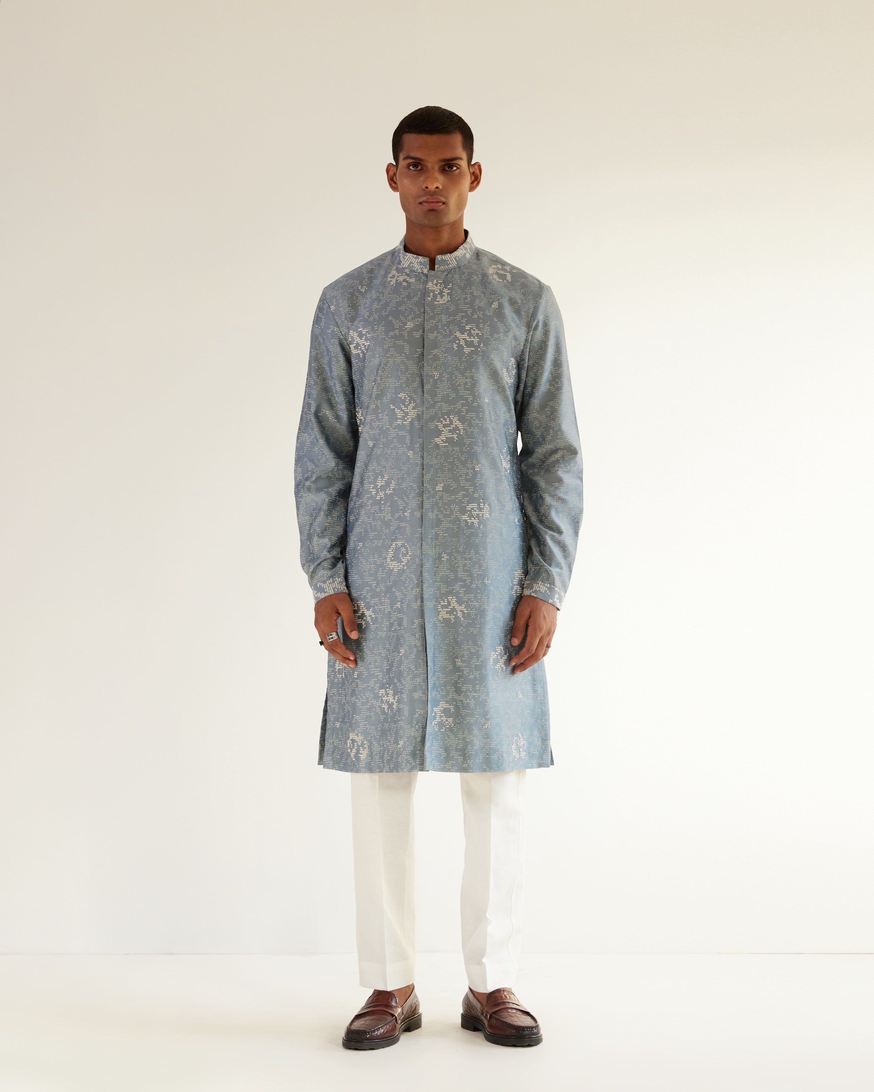 COUNTRYMADE Kurtas Block Embroidered Front Open Kurta Set bleu poudre