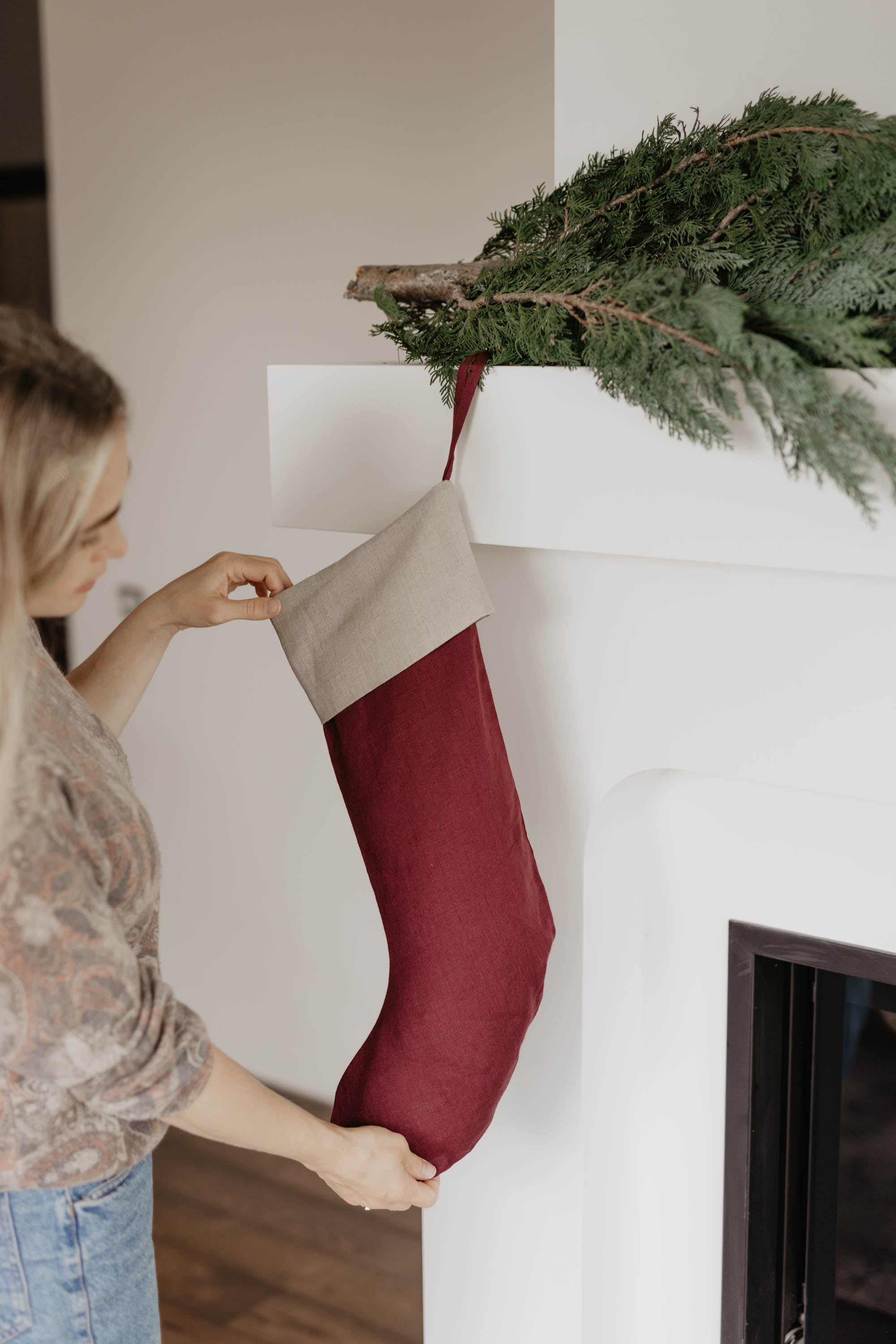 Laumė linen Christmas Linen grande chaussette de Noël vert forêt