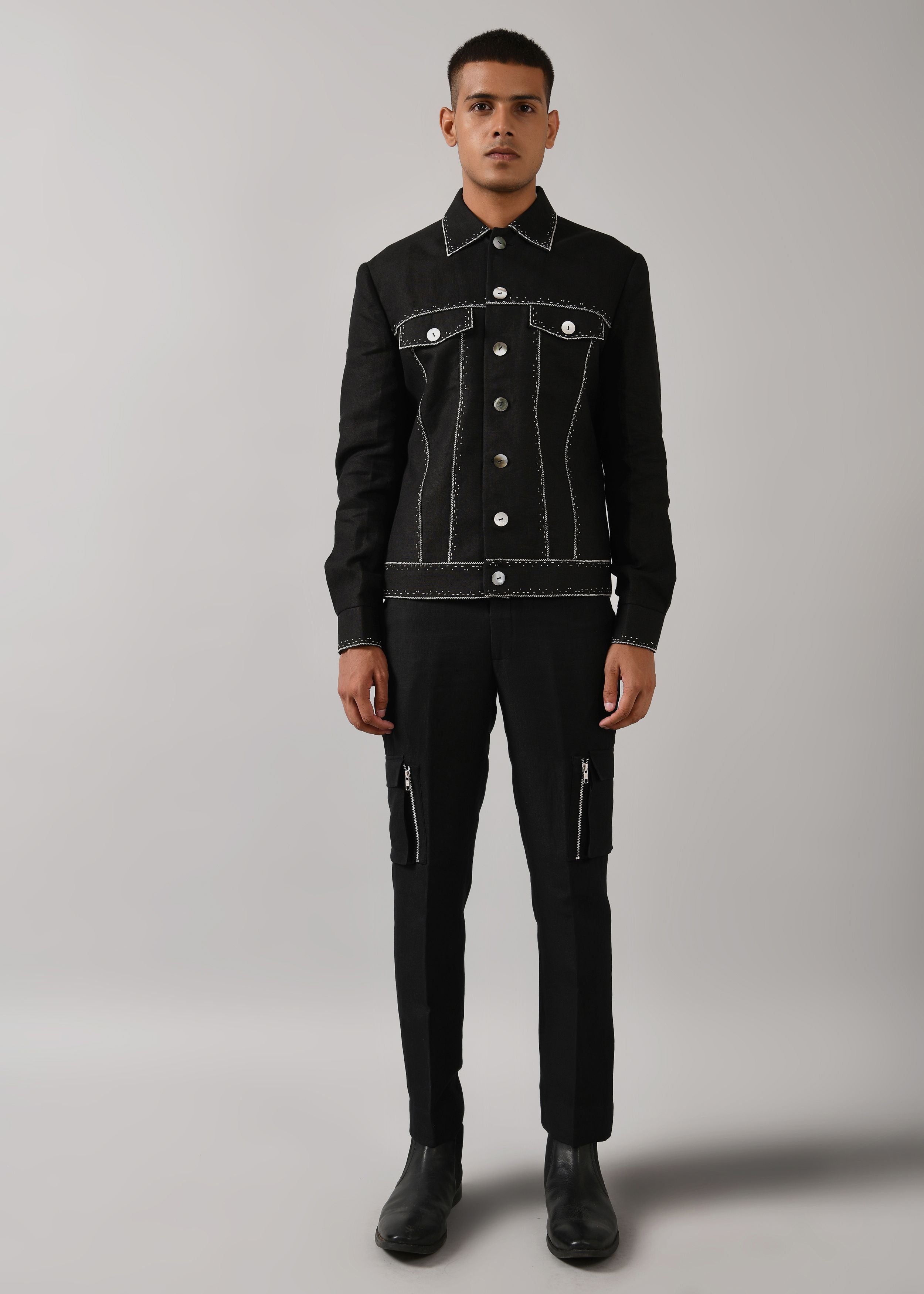COUNTRYMADE Jackets Morse code Denim veste noire en lin brodée