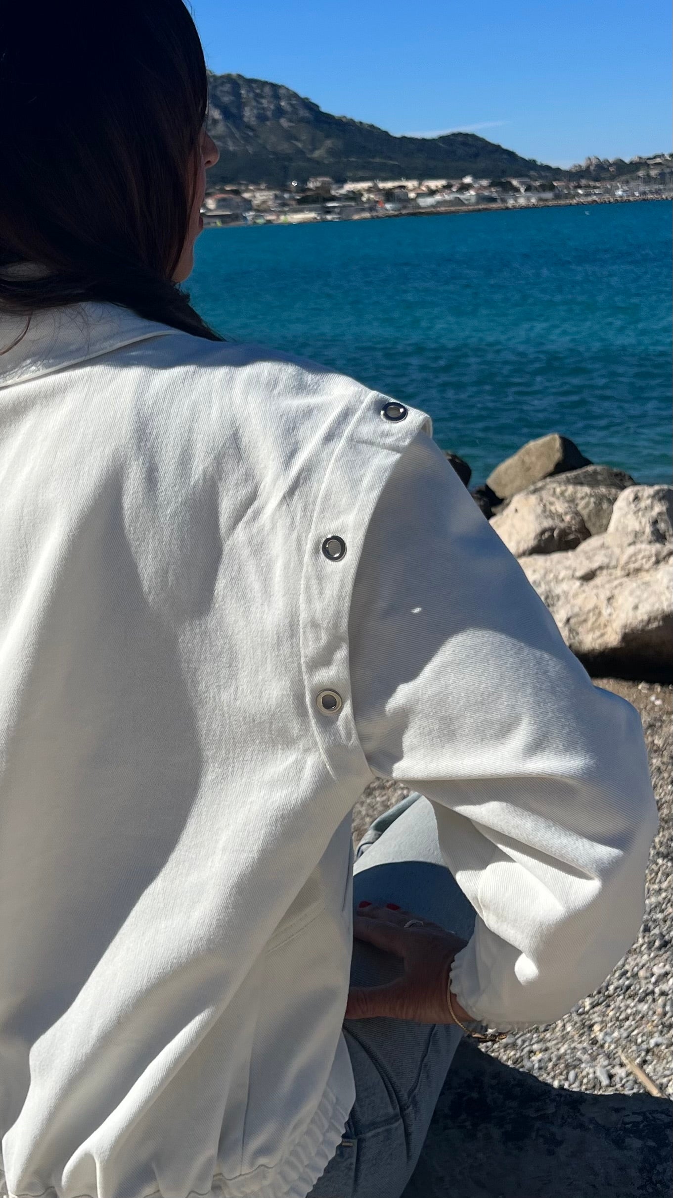 PANTRUCHE Vestes LENON blouson en denim blanc à œillets argentés coton