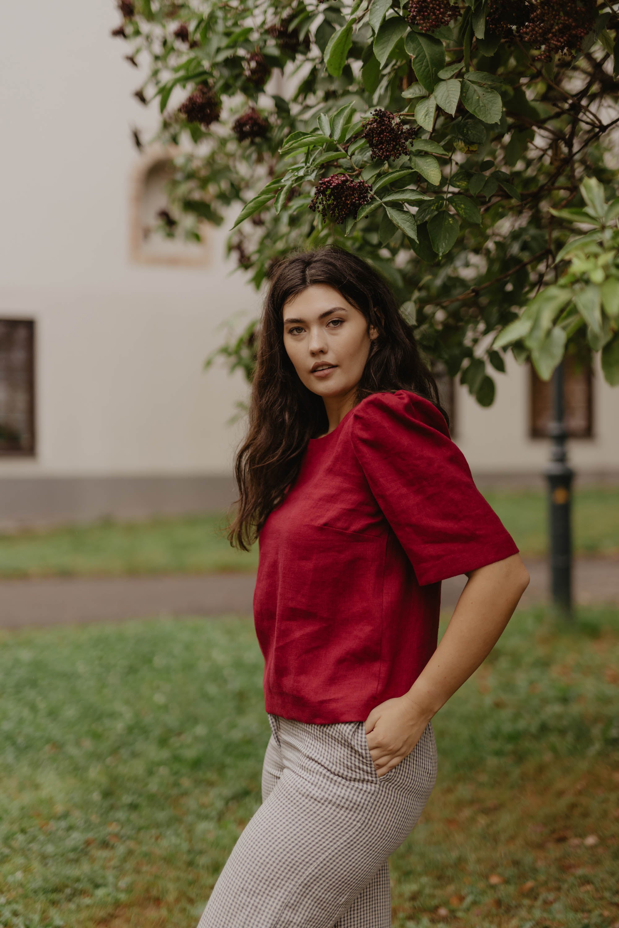Laumė linen Linen Tops Poppy Haut en lin femme vert forêt