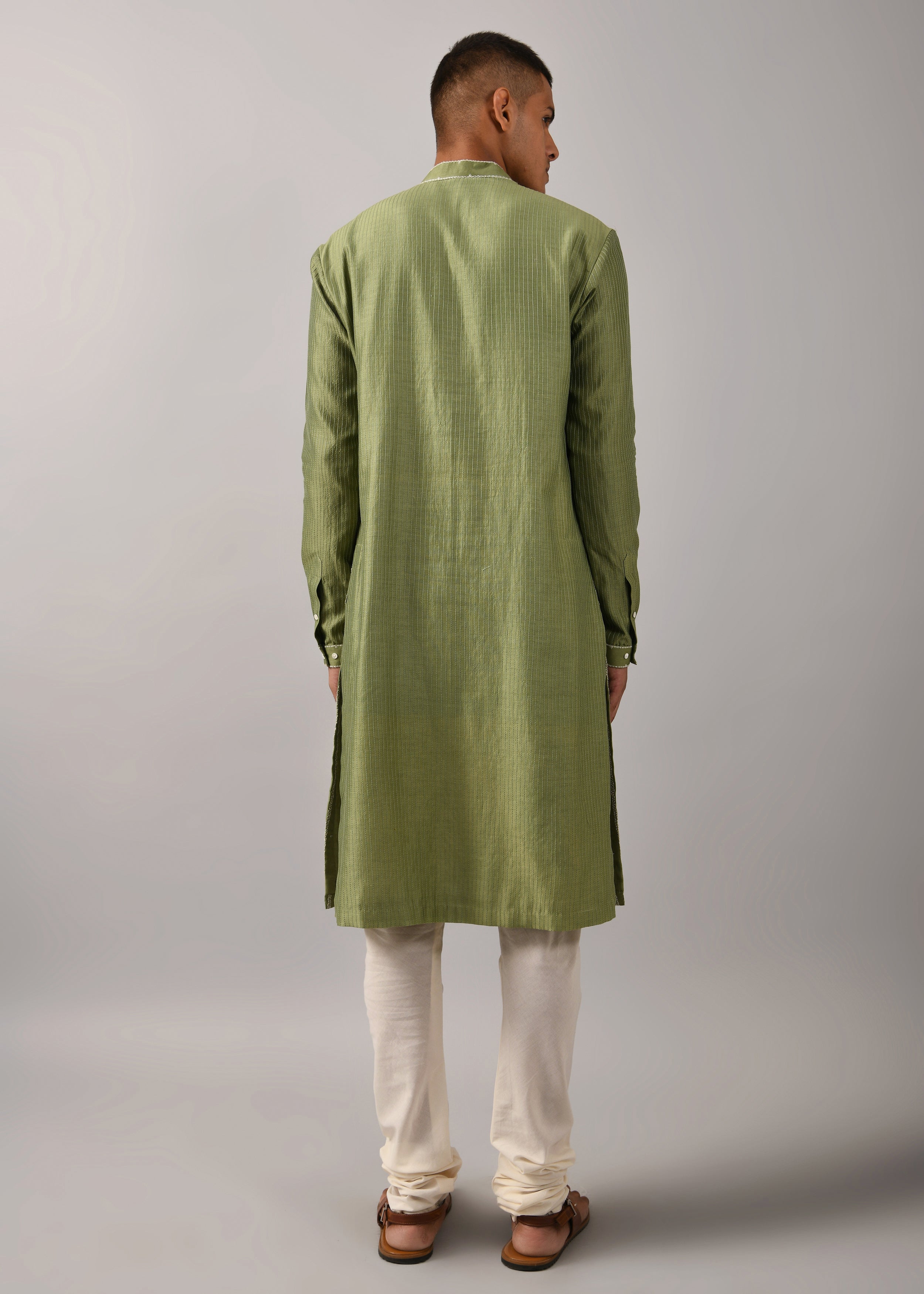 COUNTRYMADE Kurtas Chevron Hand Embroidered Kurta Set kurta vert sauge, chanderi