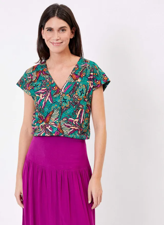 Sourire Multicolore Tops blouse Valeria imprimé vert et fuchsia en Ecovero