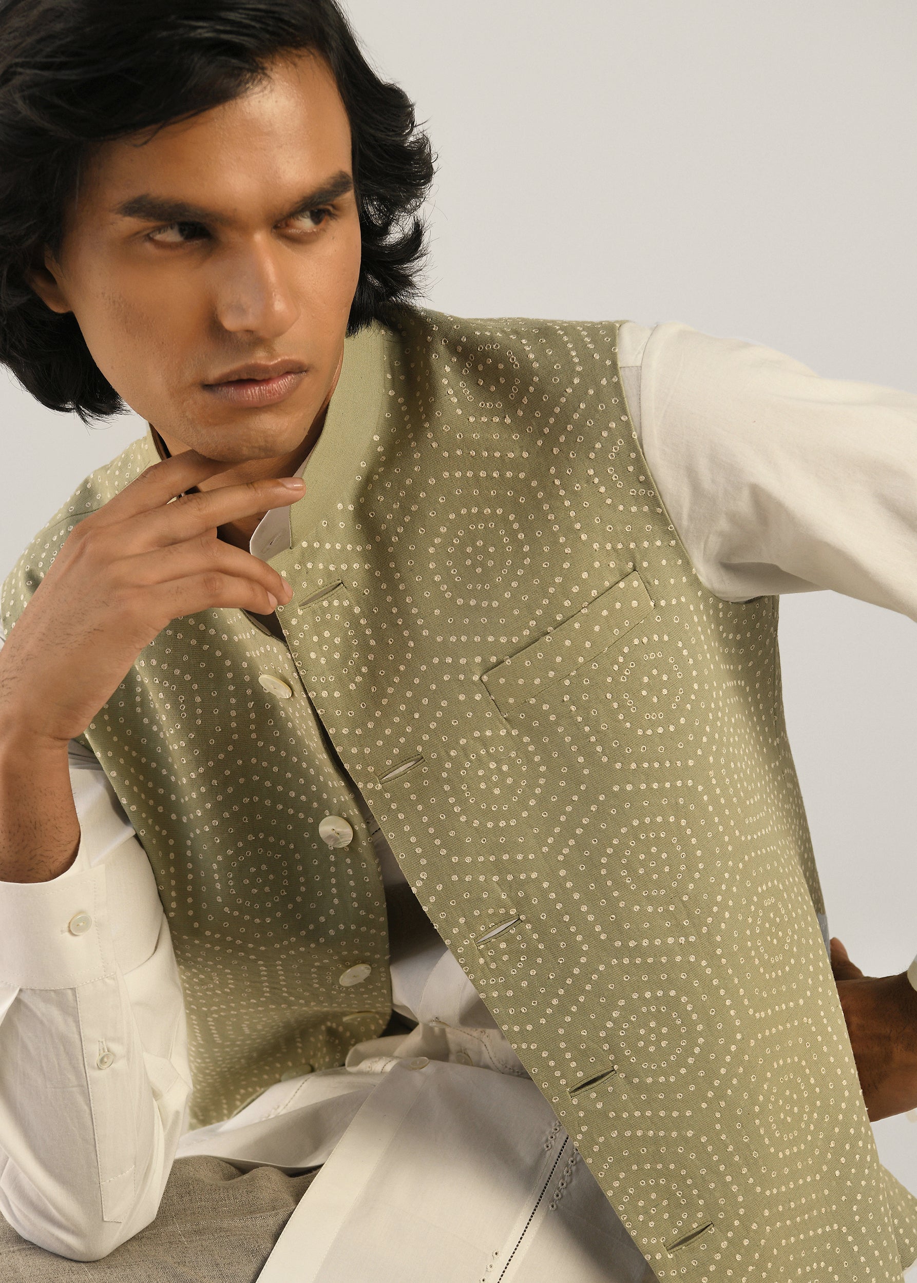 COUNTRYMADE Nehru Jackets Hexa Hand Emb Bundi bundi XS sauge lin coton
