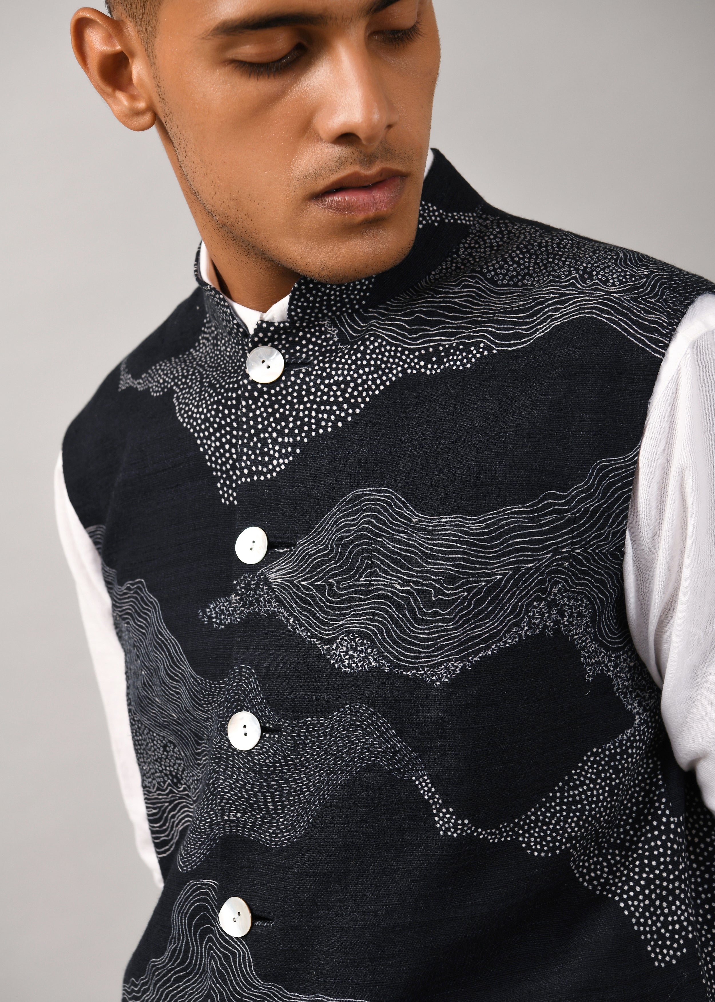 COUNTRYMADE Nehru Jackets Cloud Print Bundi veste bleu marine