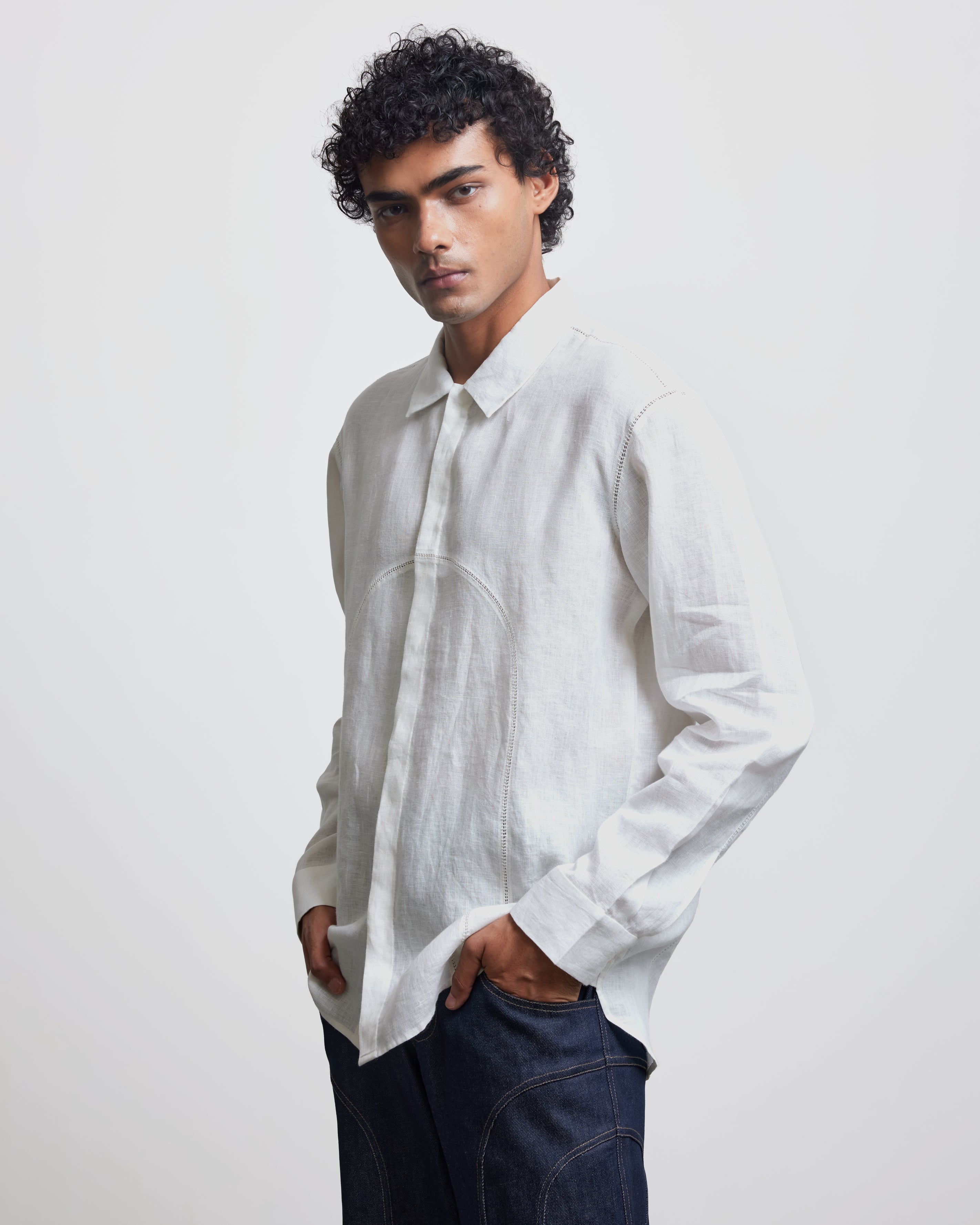 COUNTRYMADE Shirts ARCH CROCHET PANEL SHIRT chemise en lin ivoire crochet