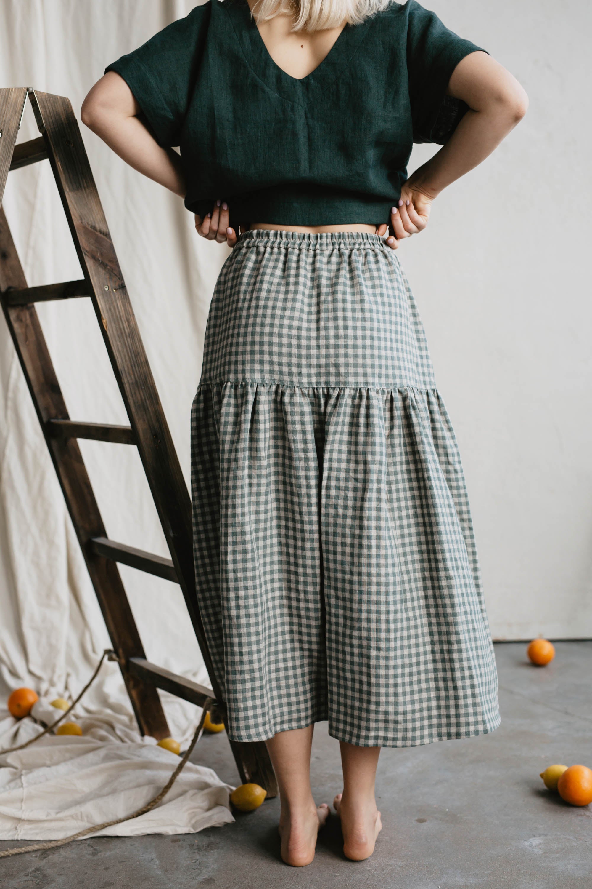Laumė linen Linen Bottoms Vakarė jupe vert à carreaux en lin