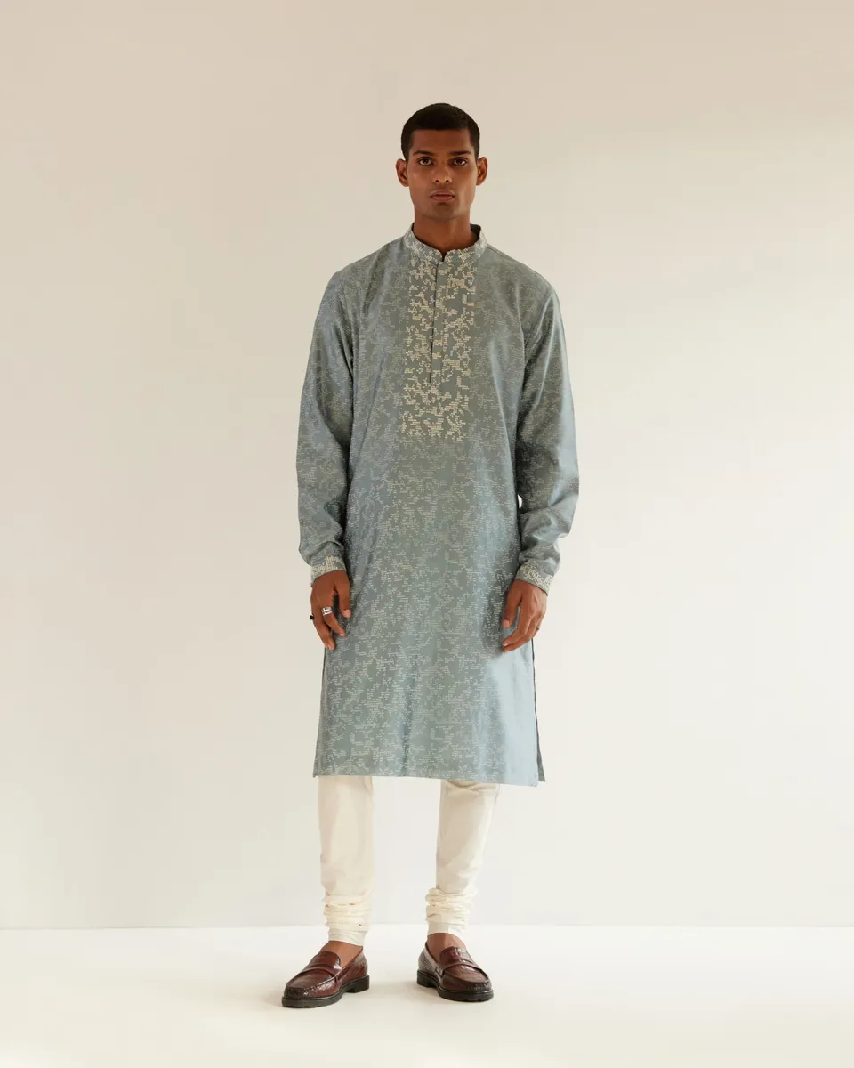 COUNTRYMADE Kurtas Camo-Block Print Kurta Set With Embroidered Yoke ensemble bleu poudre