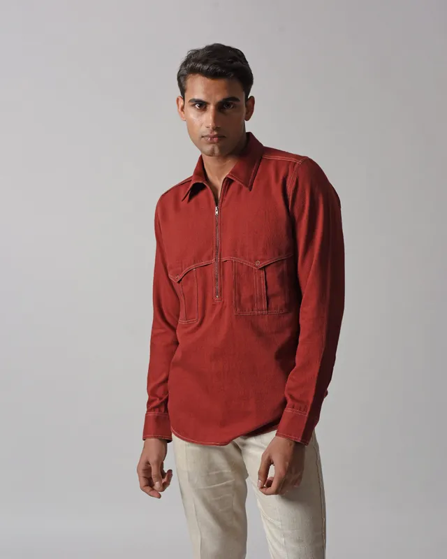 COUNTRYMADE Shirts FLAP POCKET HALF-ZIPPER SHIRT chemise coton demi-zip