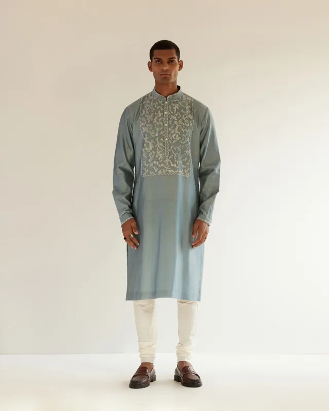 COUNTRYMADE Kurtas Camo-Block Yoke Embroidery Kurta Set kurta bleu poudré