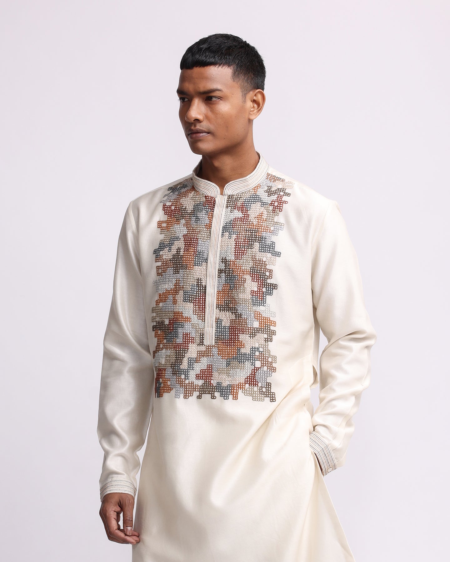 COUNTRYMADE Kurtas Hand-embroidered Pixel Yoke Kurta Set kurta blanc cassé