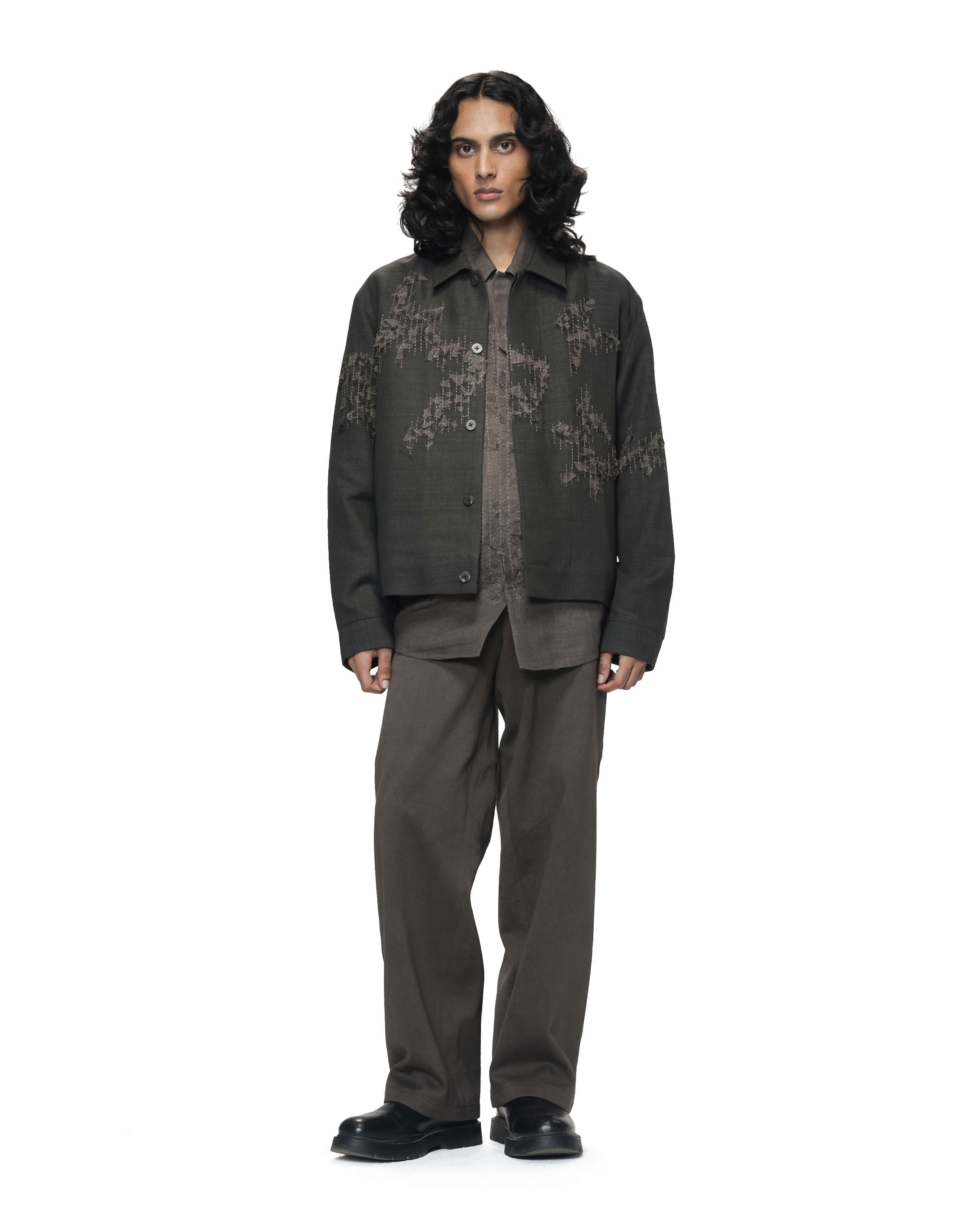 COUNTRYMADE Jackets Shredded Woodland Trucker Jacket veste en soie Matka brodée