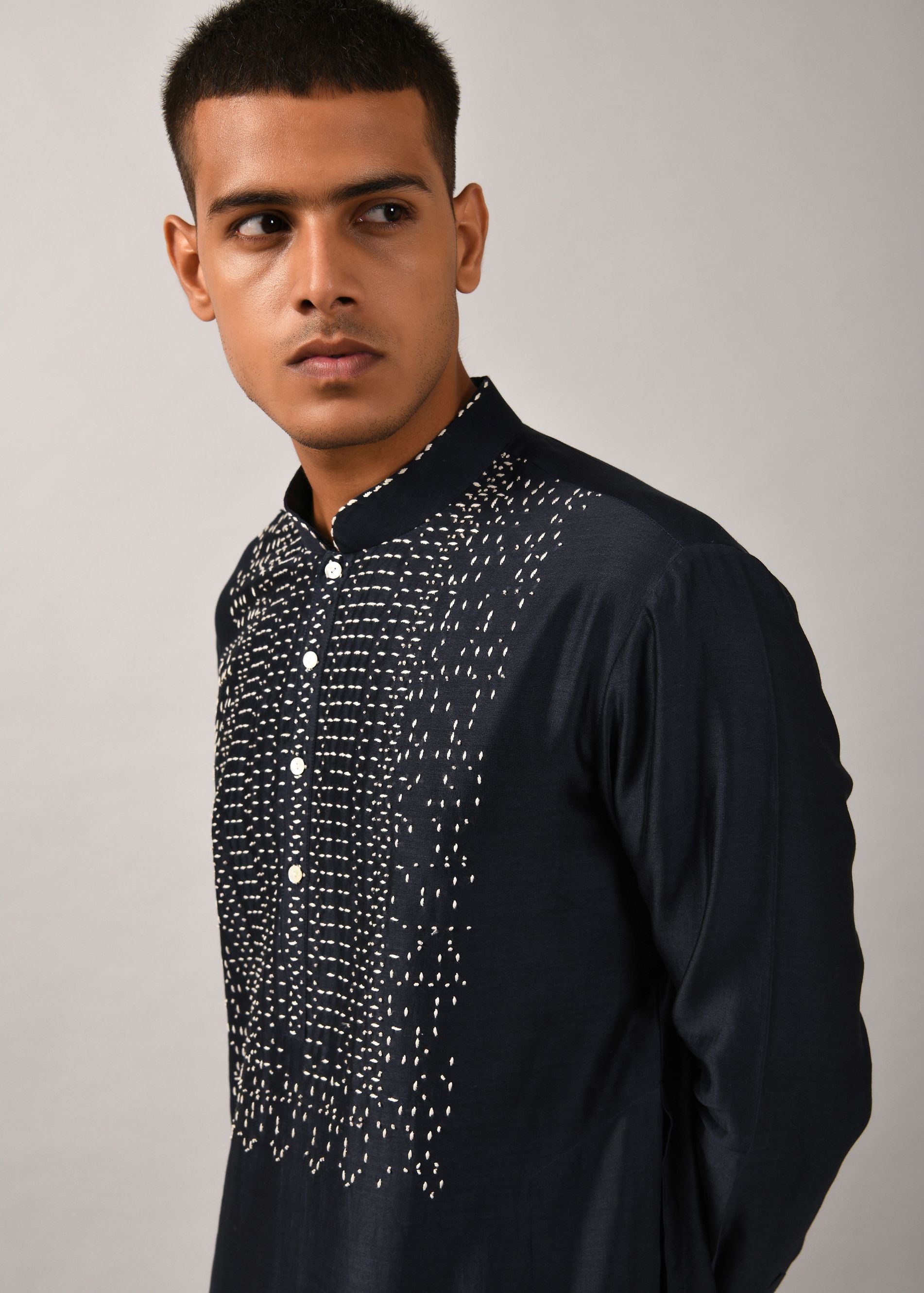 COUNTRYMADE Kurtas Navy Morse Code Yoke Kurta Set ensemble kurta chanderi bleu marine