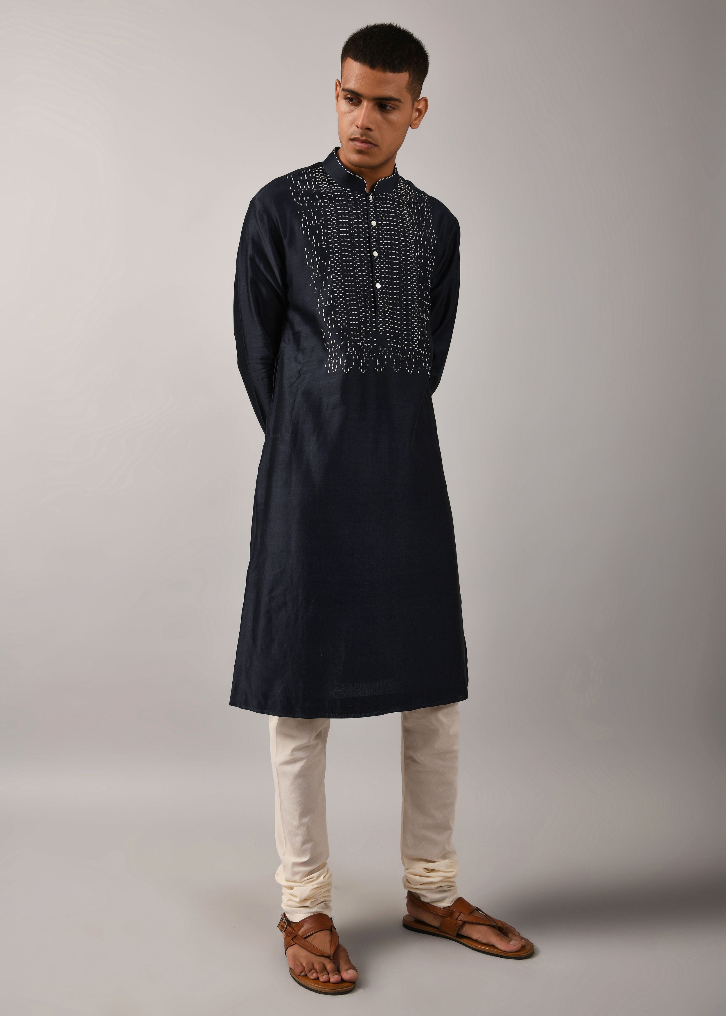 COUNTRYMADE Kurtas Navy Morse Code Yoke Kurta Set ensemble kurta chanderi bleu marine