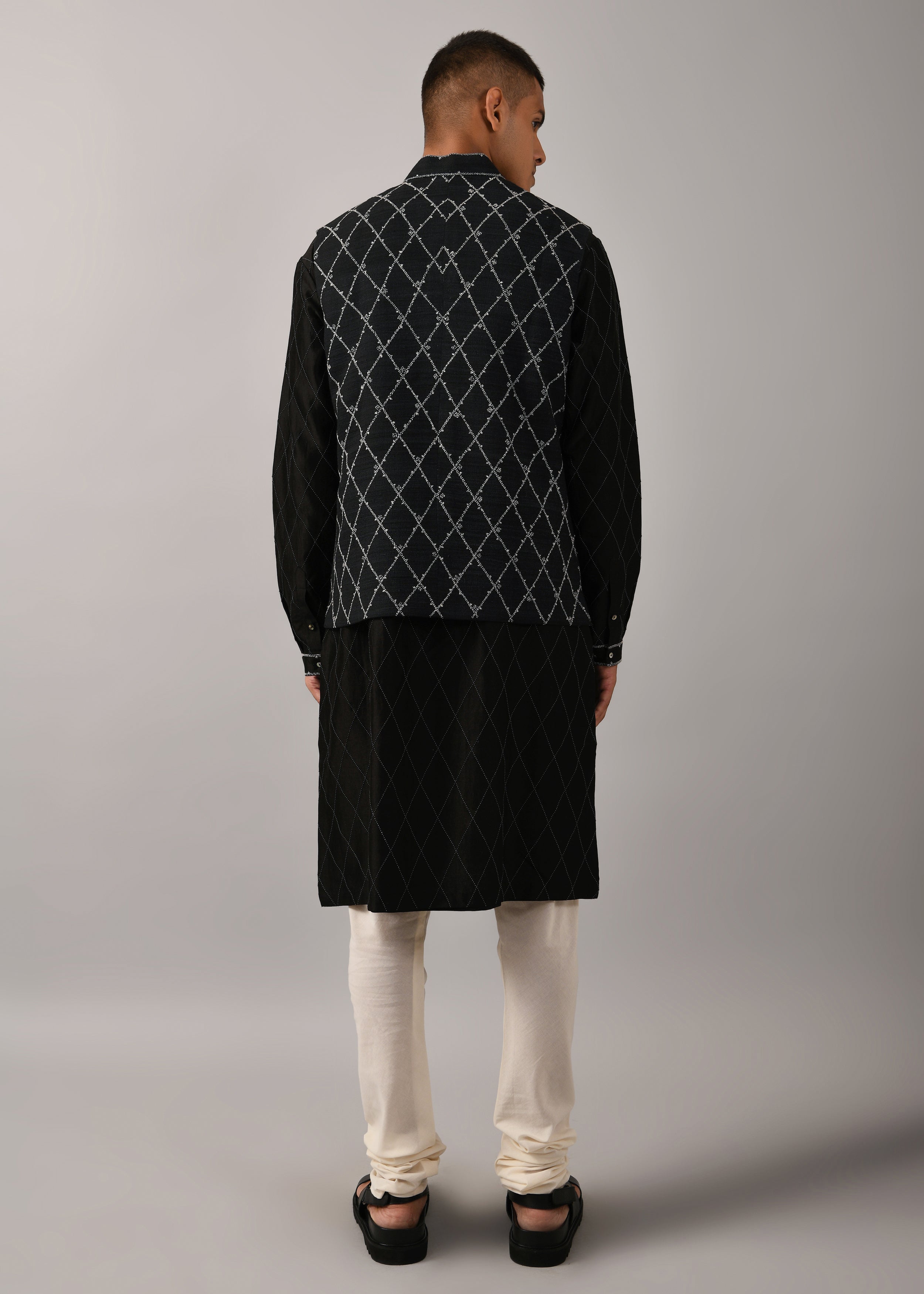 COUNTRYMADE Nehru Jackets Diamond Embroidered Bundi veste noire L