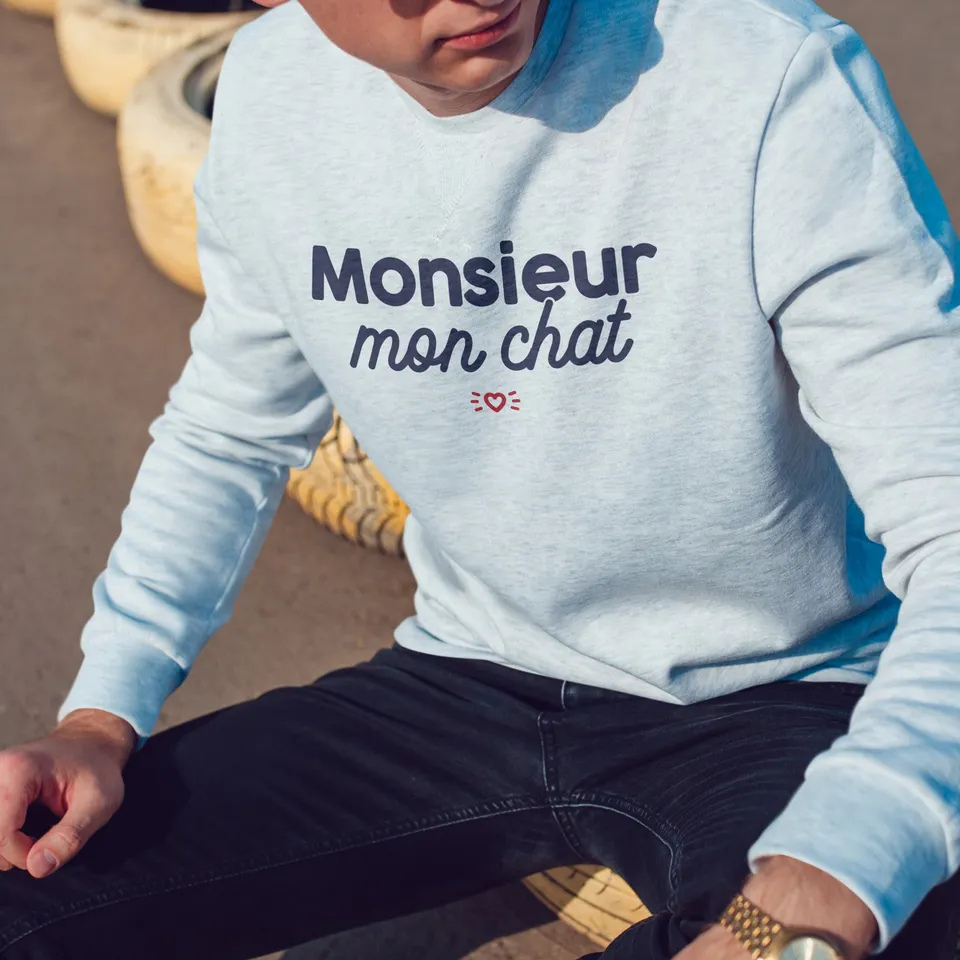 Juste Un T-shirt Sweats Imprimés Monsieur mon chat sweat homme gris chiné