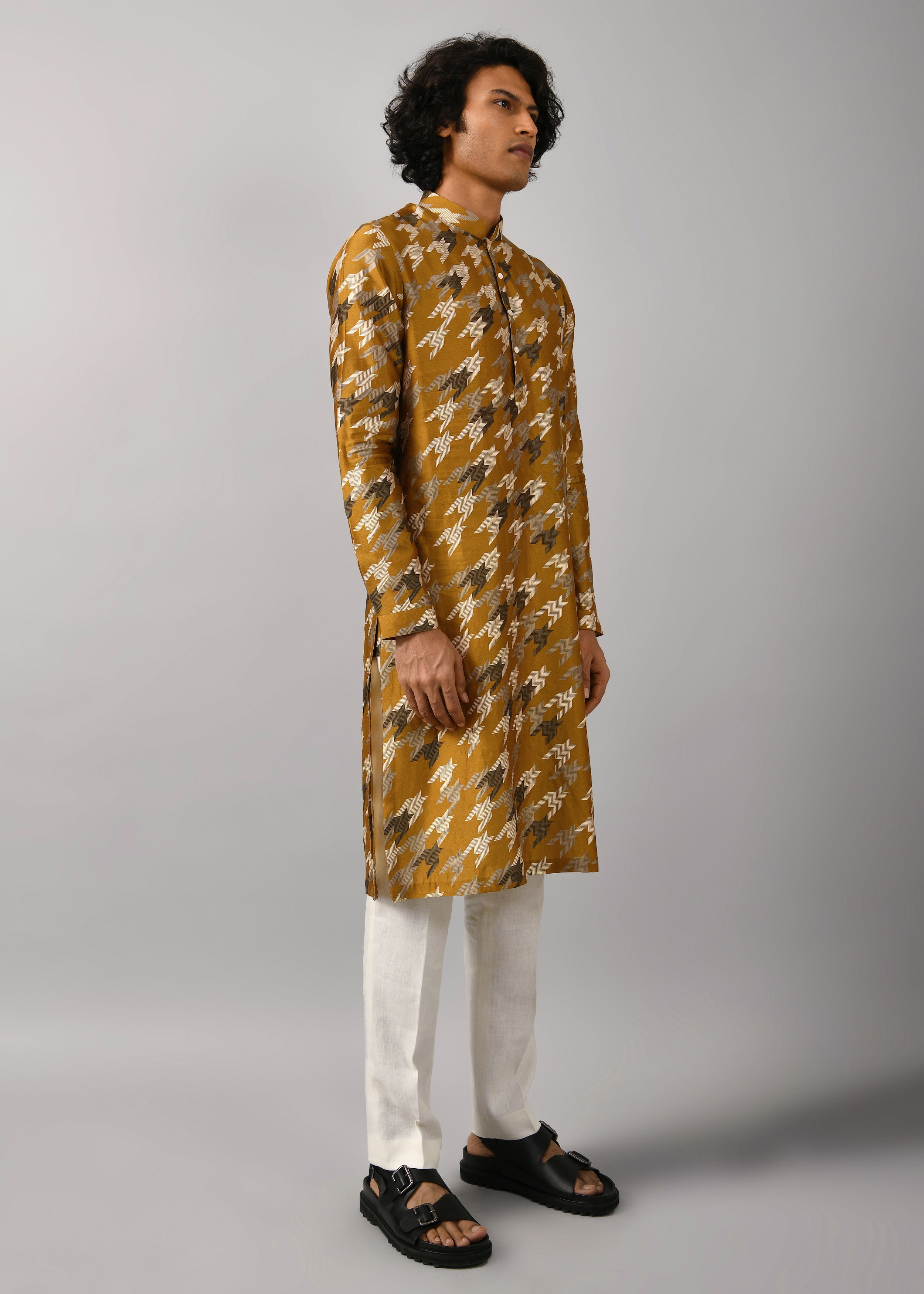 COUNTRYMADE Kurtas Houndstooth Silk Printed Kurta S à XXL soie moutarde