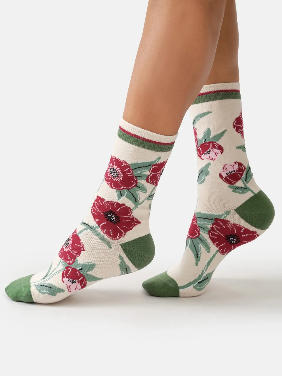 Chaussettes femme Poppy en coton bio motif floral rouge 36-40