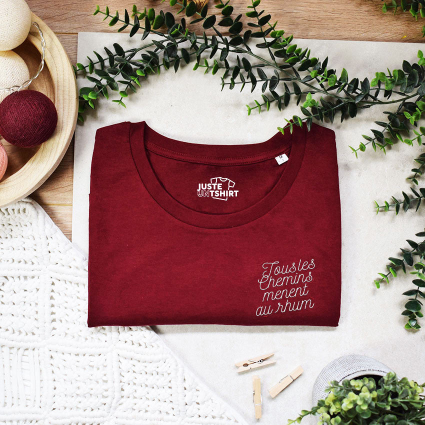 Juste Un T-shirt T-shirts Brodés Tous les chemins mènent au rhum T-shirt brodé blanc humour
