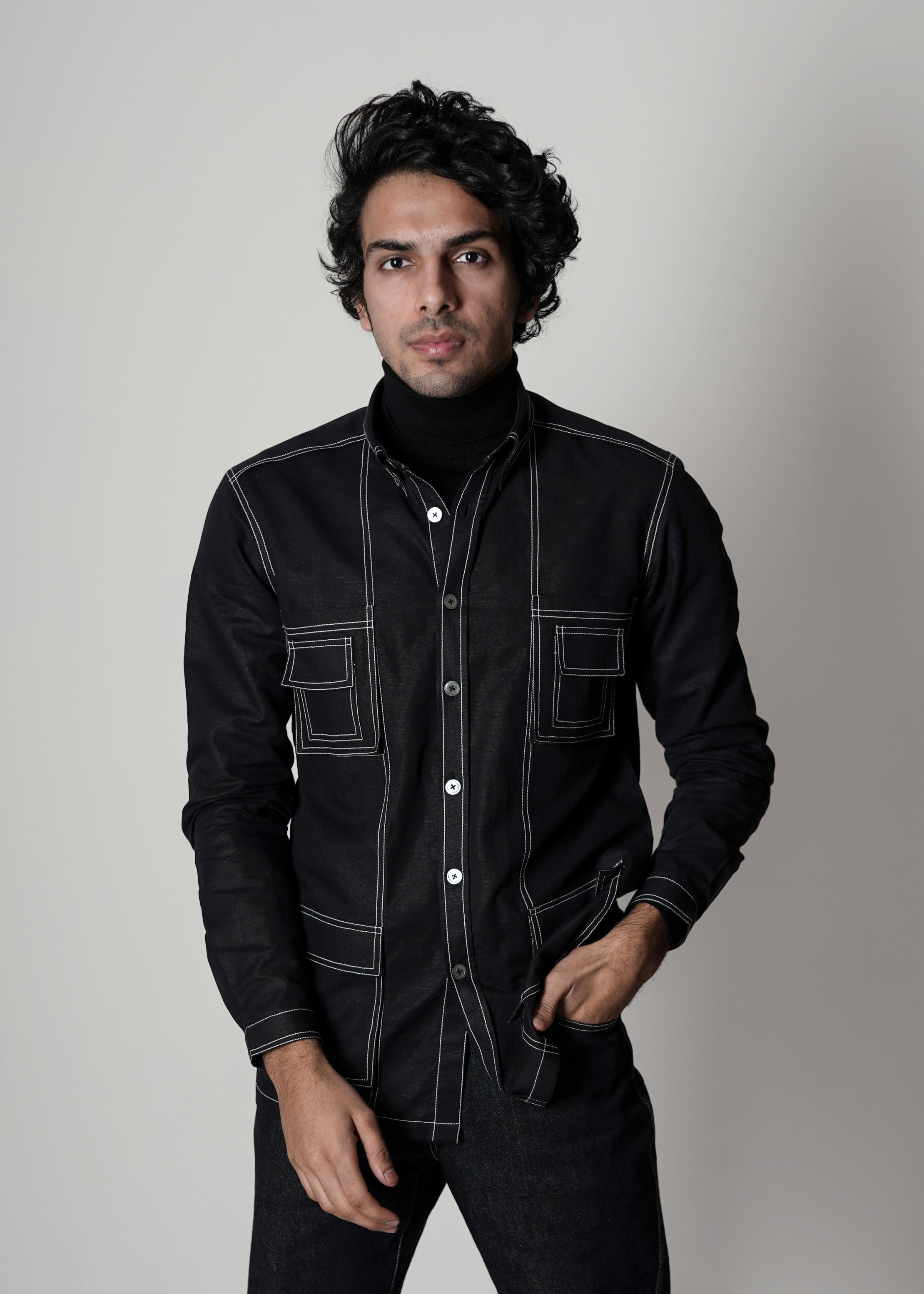 COUNTRYMADE Shirts Stitch Detailing Overshirt surchemise en lin noire