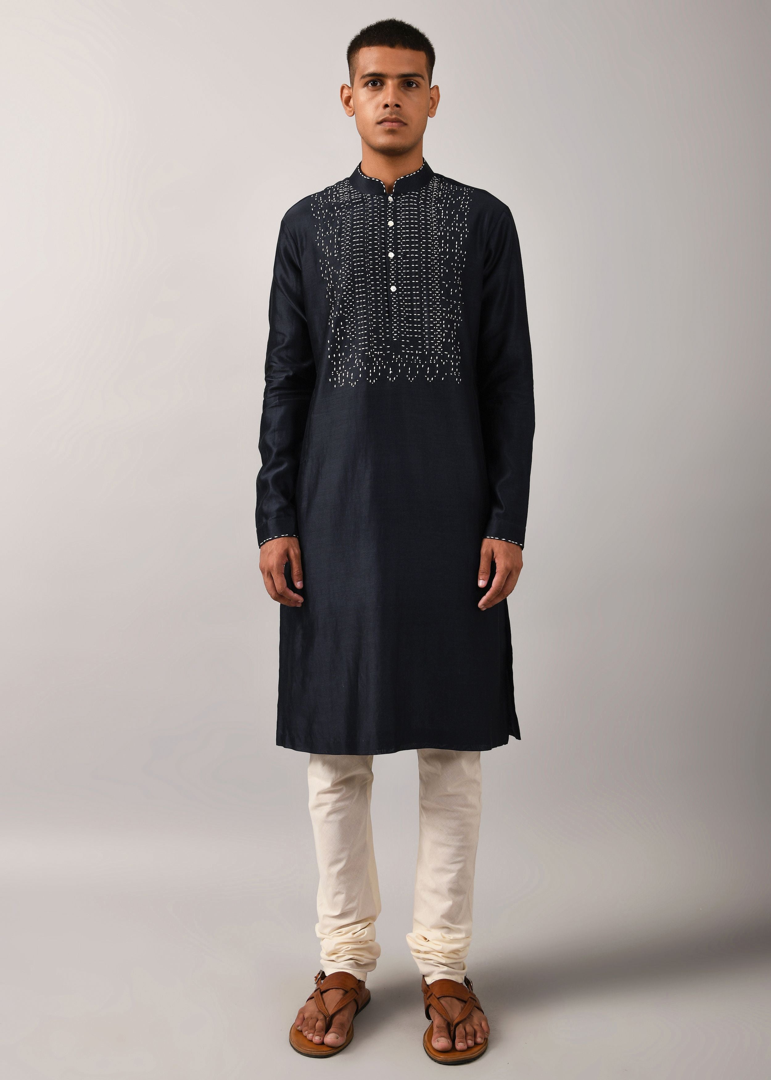 COUNTRYMADE Kurtas Navy Morse Code Yoke Kurta Set ensemble kurta chanderi bleu marine