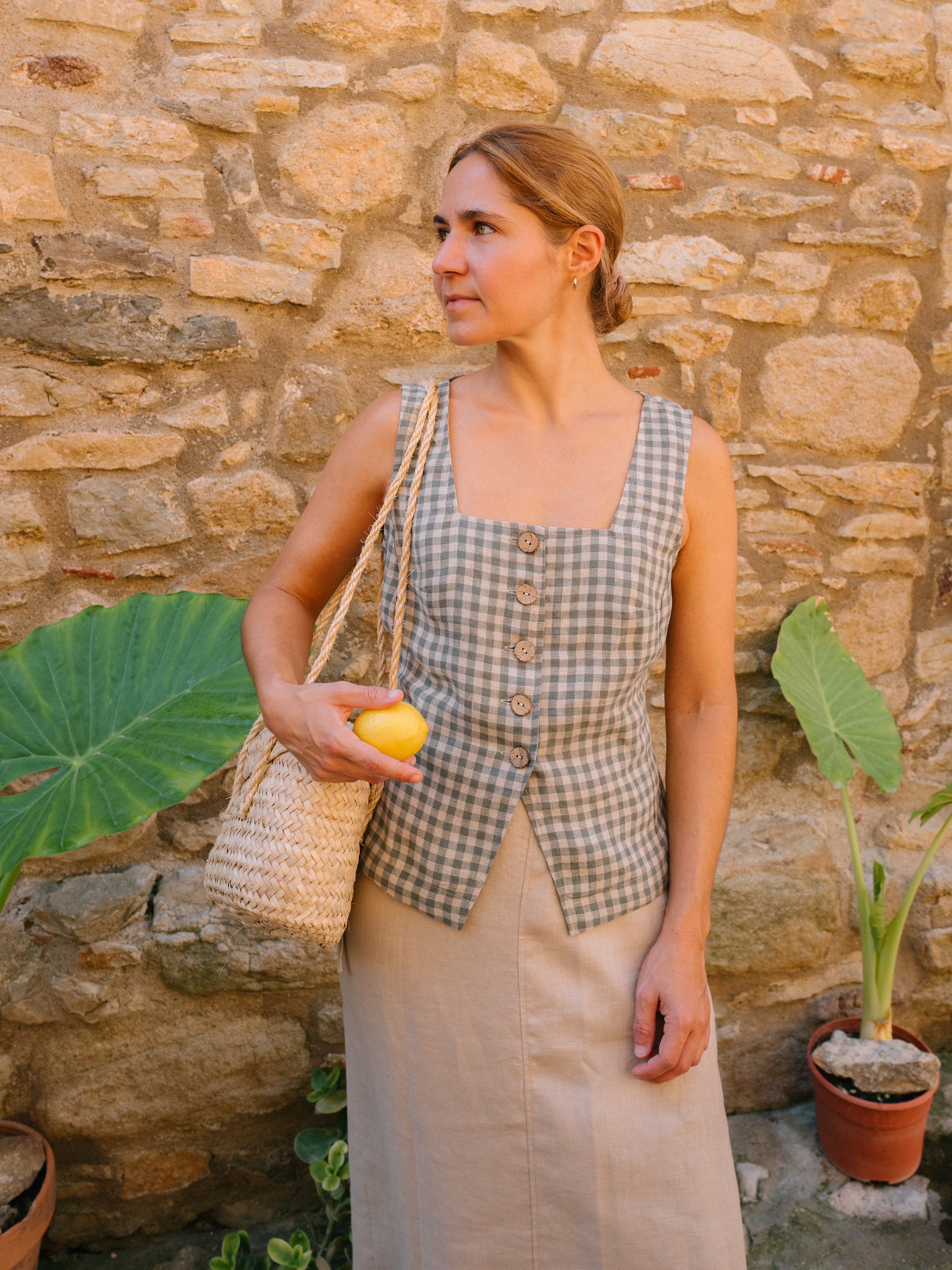 Laumė linen Linen Tops Dusk gilet en lin vert à carreaux