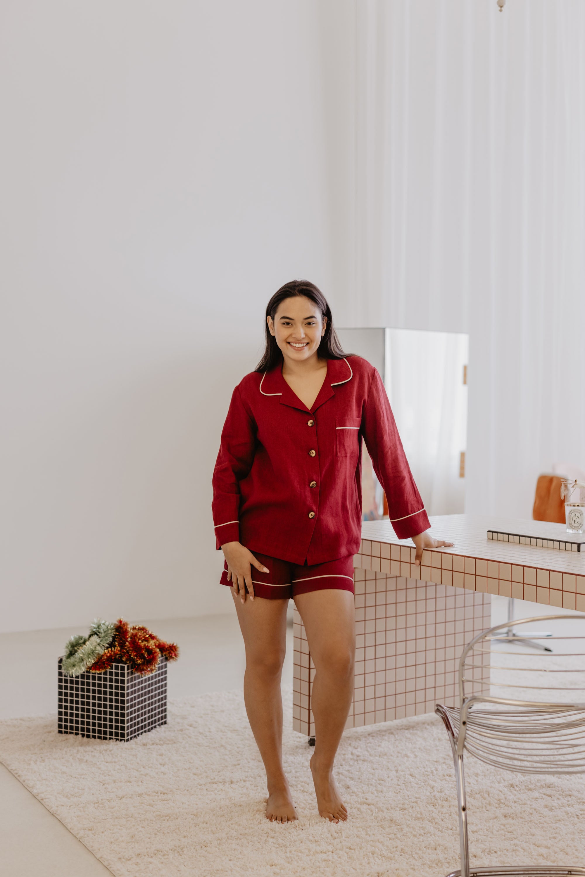 Laumė linen Loungewear PILNATIS pyjama en lin rouge baie XS