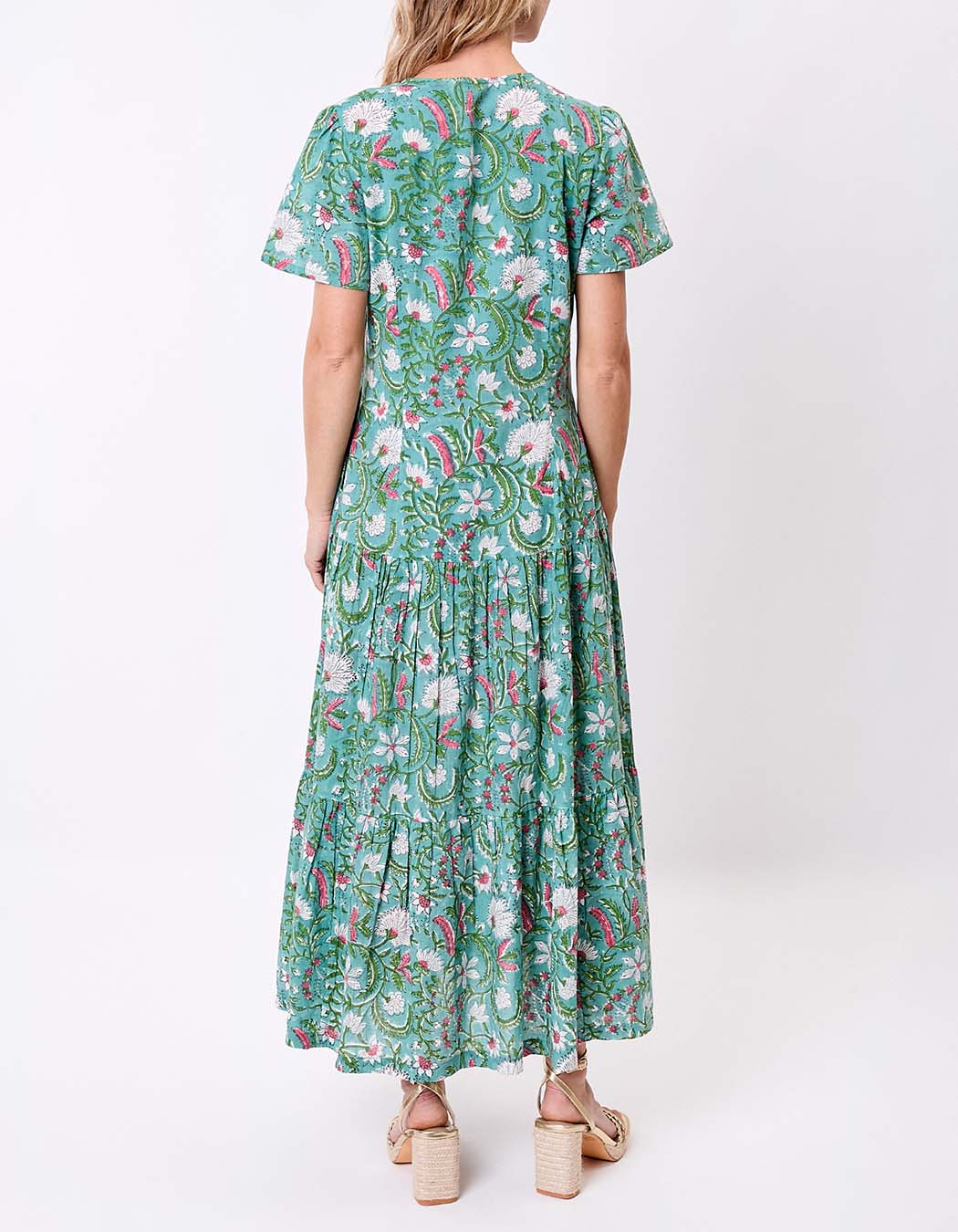 Sourire Multicolore Robes Regua robe longue bleu vert à volants en coton
