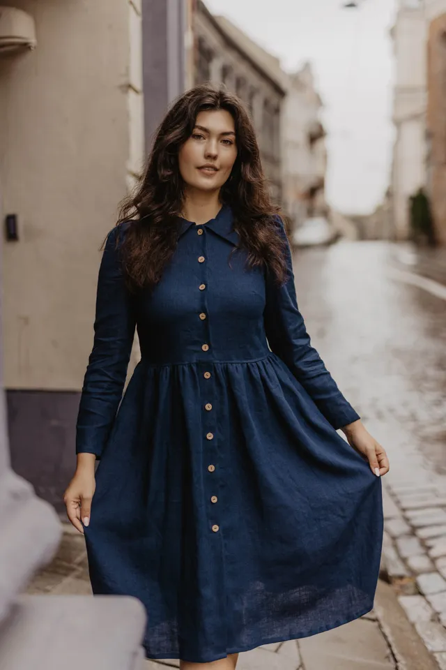 Laumė linen Linen Dresses Gužė mama robe en lin bleu profond S