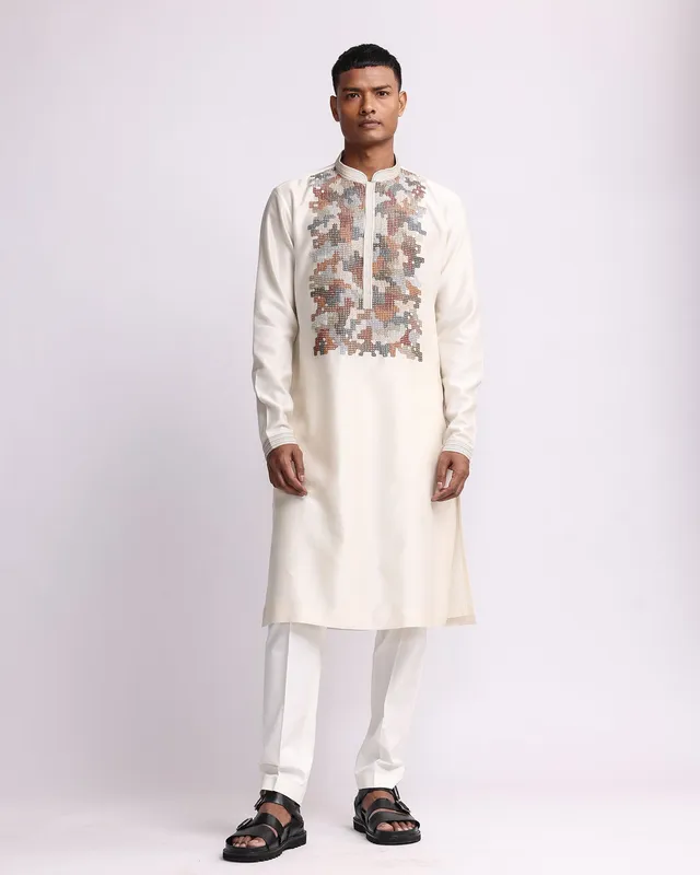 COUNTRYMADE Kurtas Hand-embroidered Pixel Yoke Kurta Set kurta blanc cassé