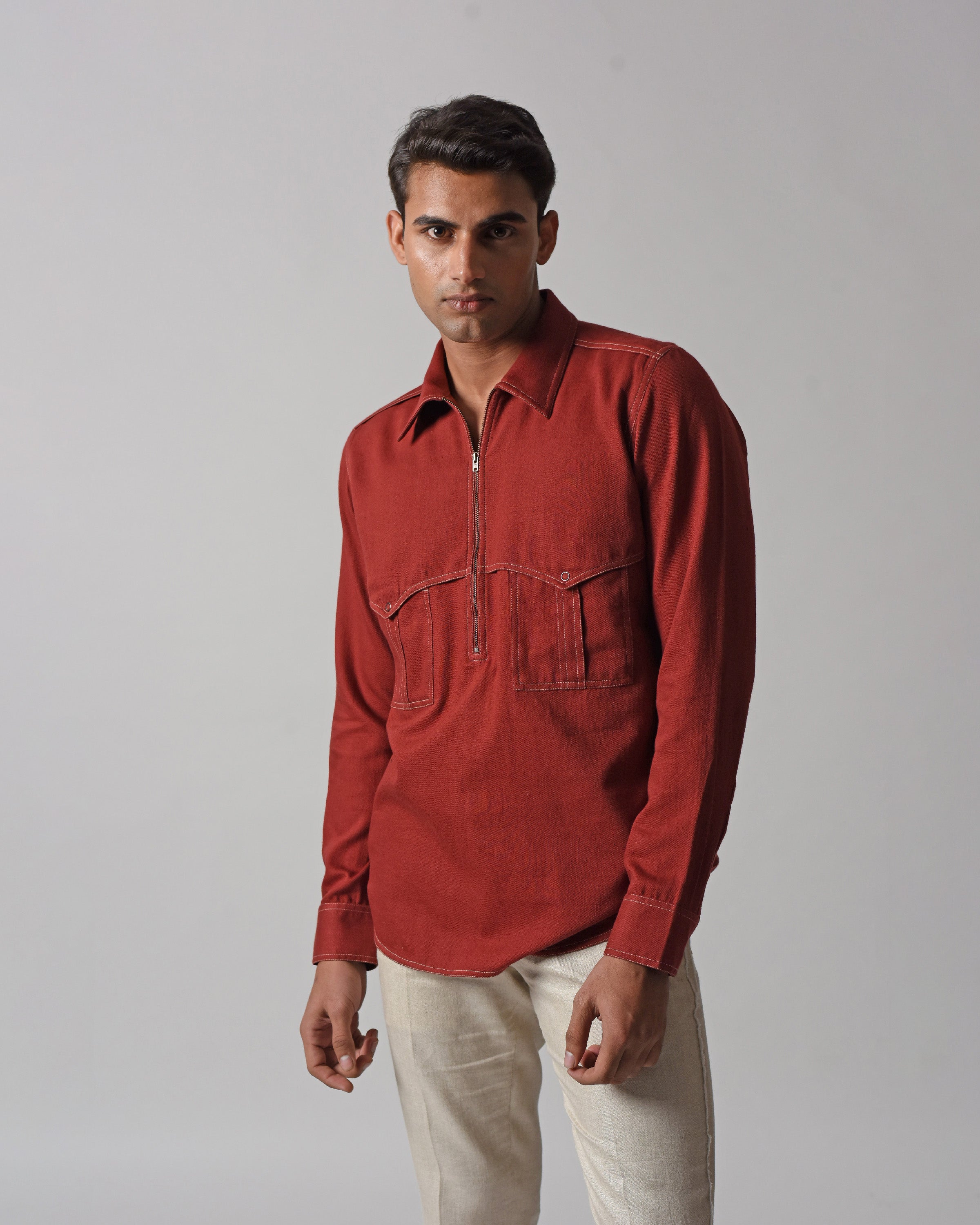 COUNTRYMADE Shirts FLAP POCKET HALF-ZIPPER SHIRT chemise coton demi-zip