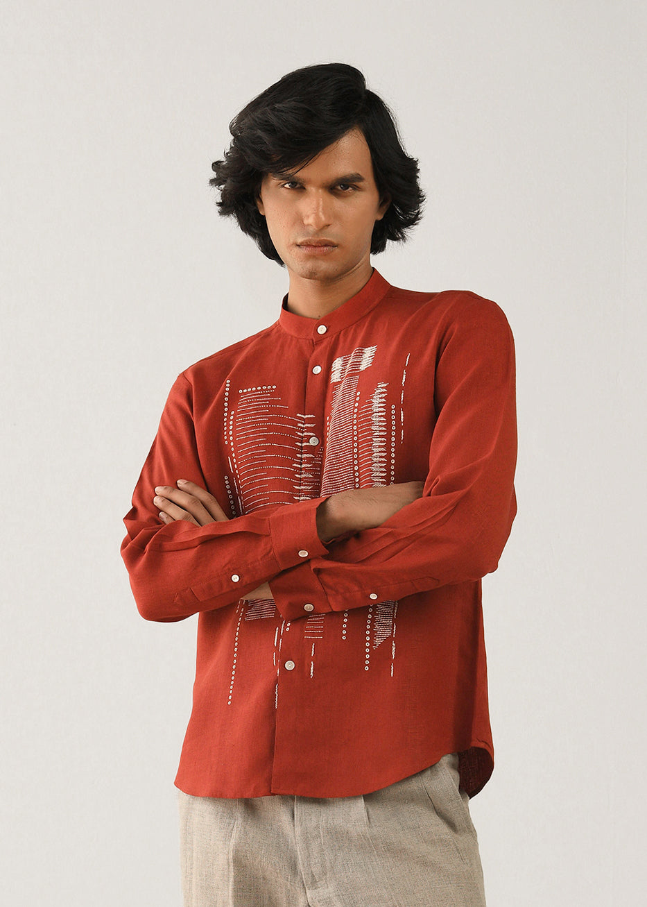 COUNTRYMADE Shirts Dots Dash Hand embroidered Shirt chemise rouge terre en lin