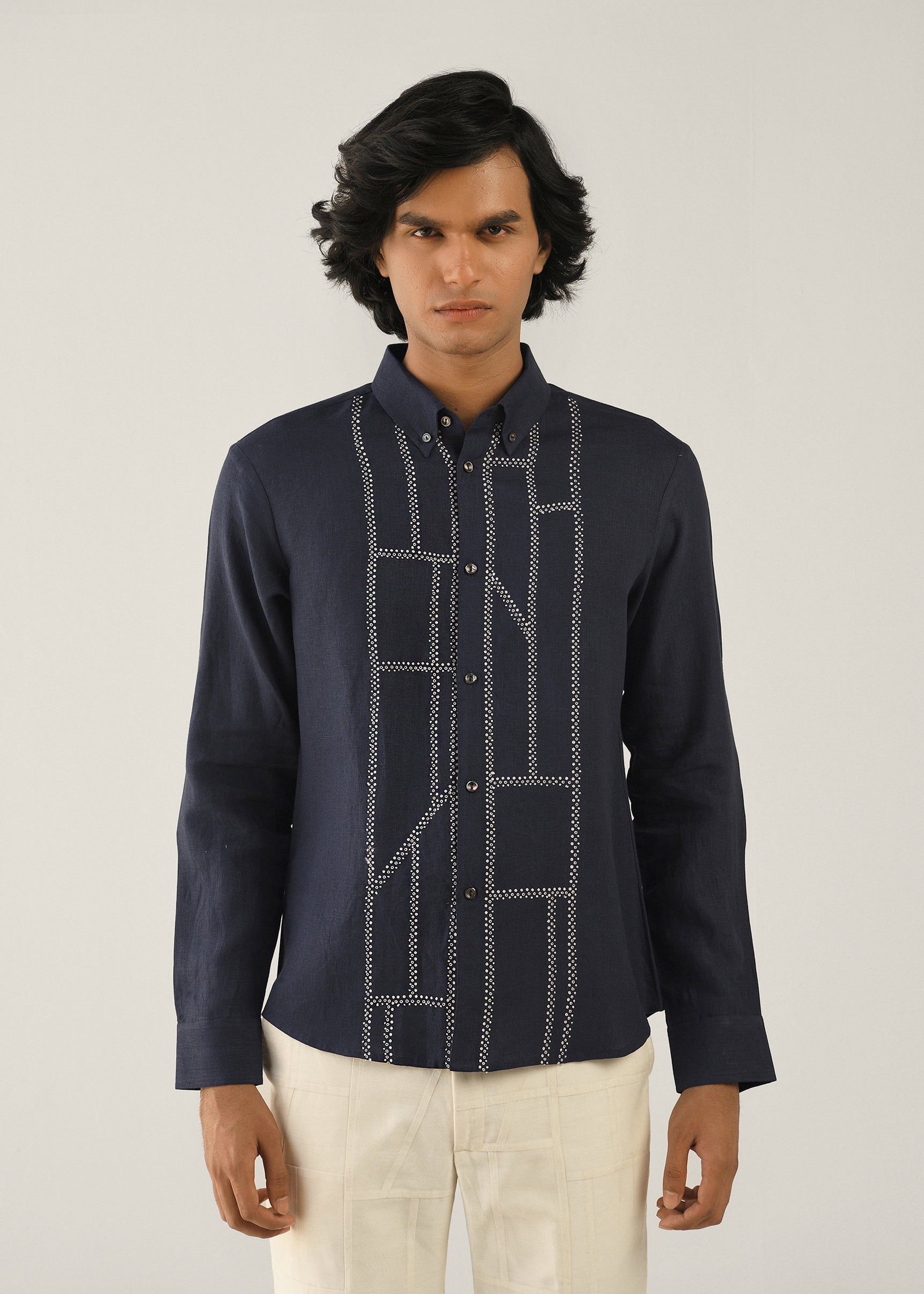 COUNTRYMADE Shirts Fuselage Yoke Shirt chemise en lin bleu marine brodée