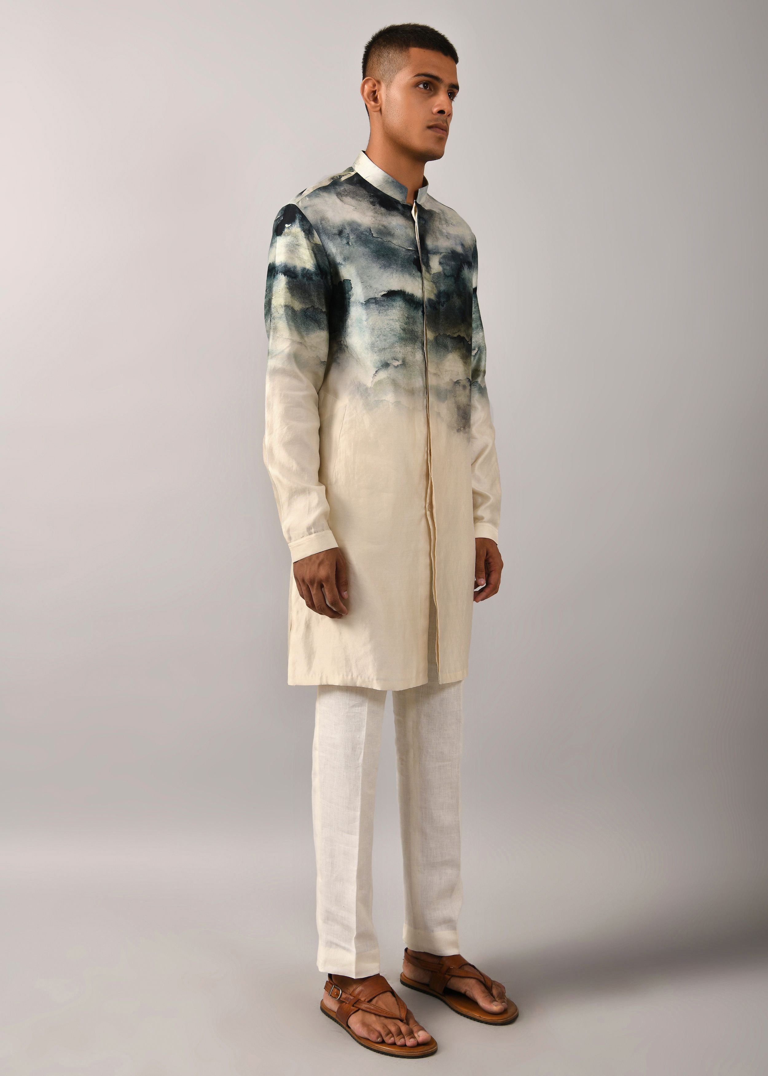 COUNTRYMADE Kurtas Camouflaged clouds front open Kurta kurta en soie pure