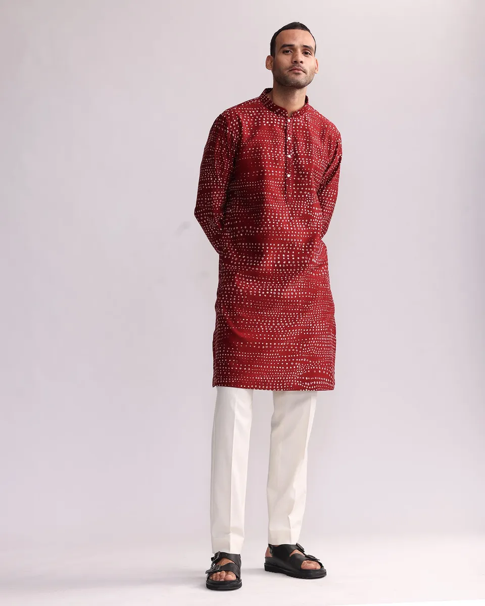 COUNTRYMADE Kurtas Aboriginal Dots Print Kurta kurta rouge en soie Chanderi imprimée