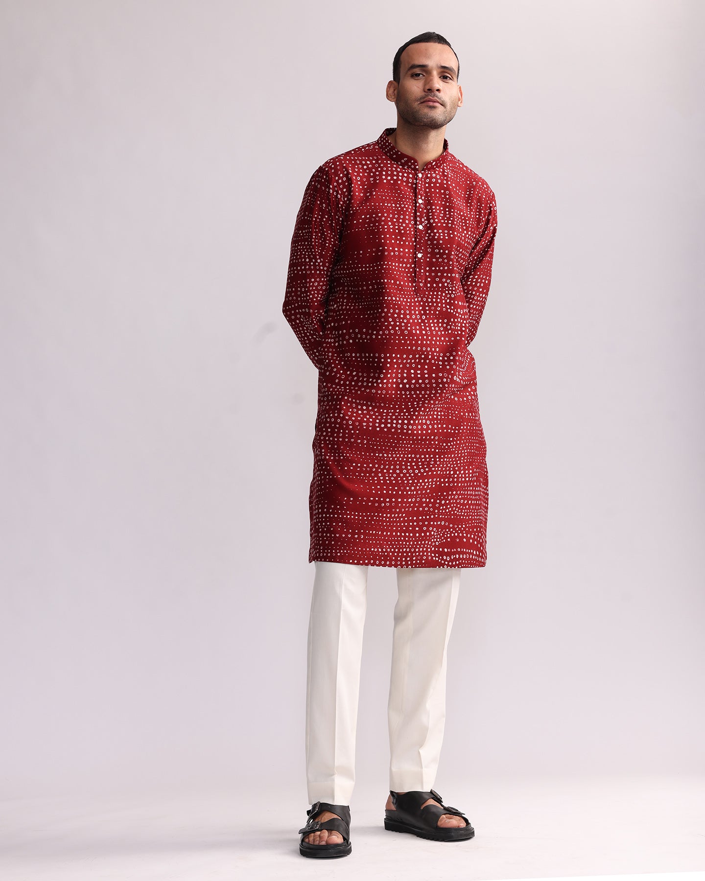 COUNTRYMADE Kurtas Aboriginal Dots Print Kurta kurta rouge en soie Chanderi imprimée