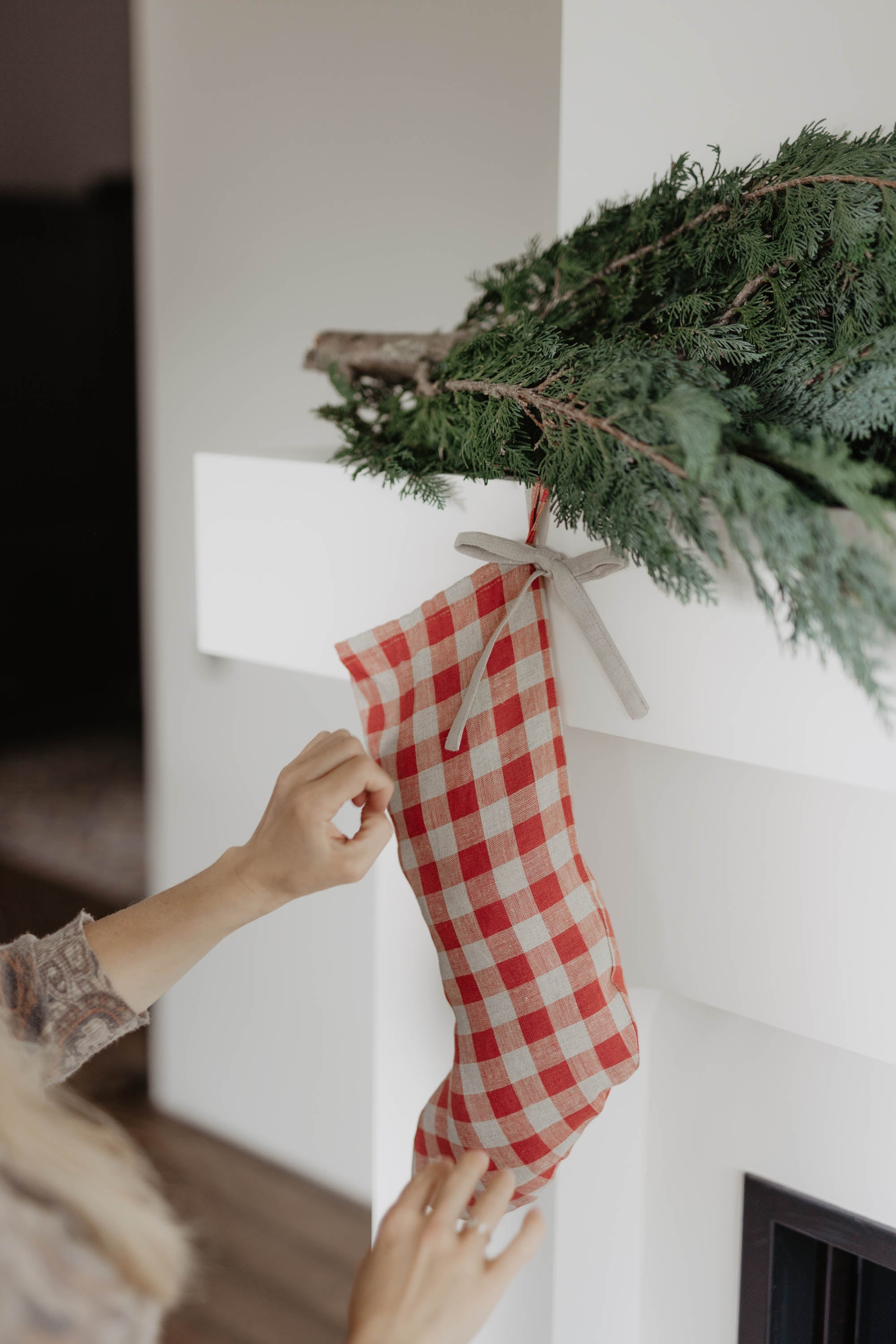 Laumė linen Christmas Linen Christmas Stocking chaussette de Noël à cordon carreaux verts