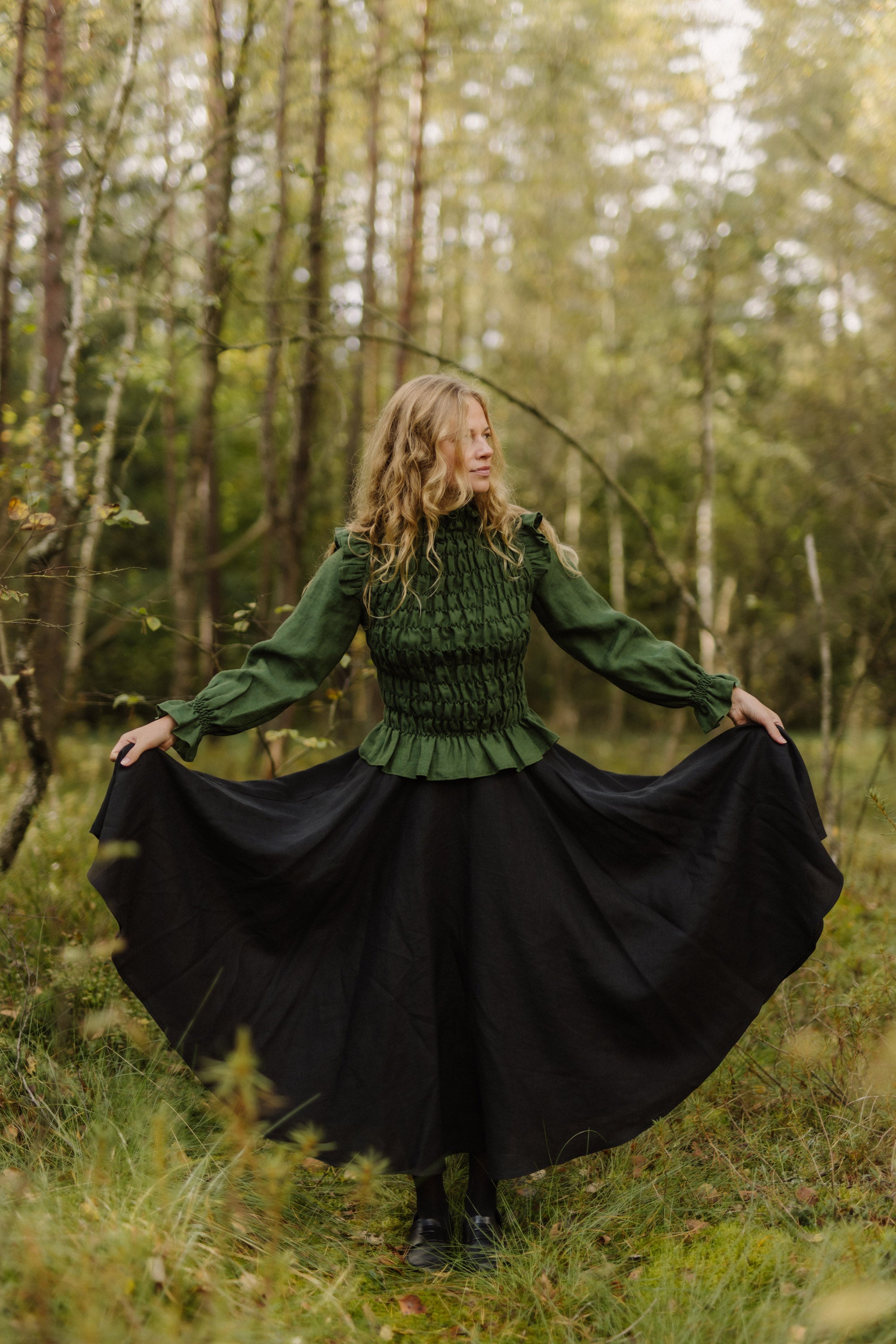 Laumė linen Linen Bottoms Saulė jupe cercle en lin vert forêt
