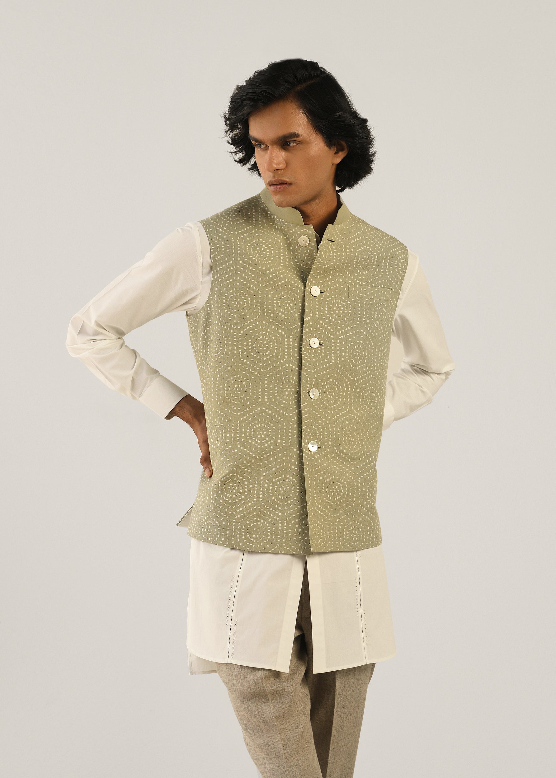 COUNTRYMADE Nehru Jackets Hexa Hand Emb Bundi bundi XS sauge lin coton