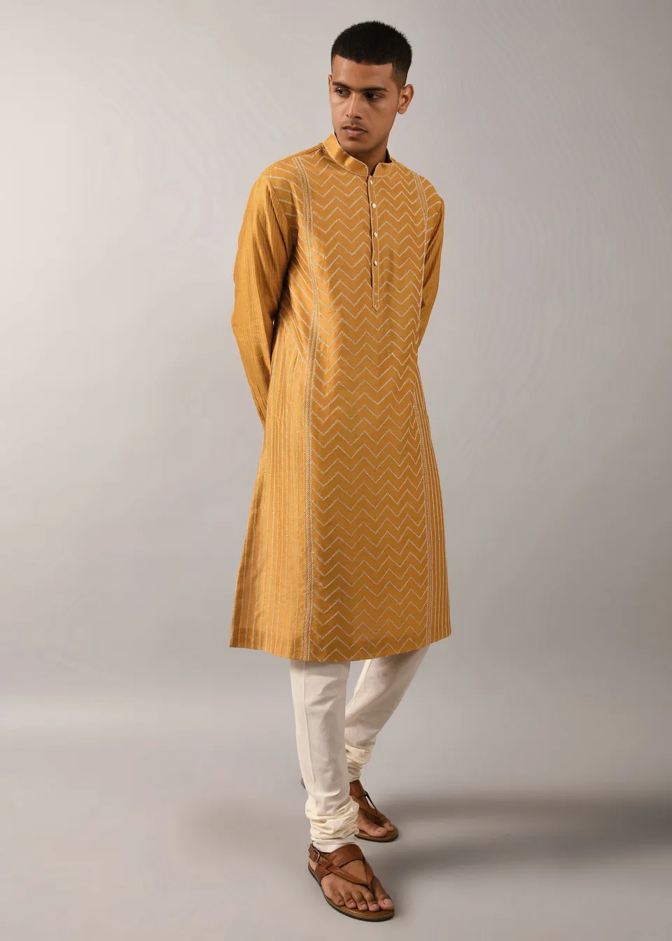 COUNTRYMADE Kurtas Chevron Hand Embroidered Kurta Set ensemble chanderi moutarde