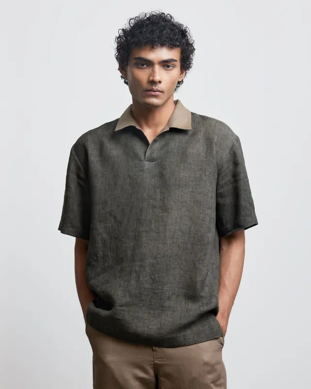 COUNTRYMADE Shirts STONE GREEN CONTRAST POLO SHIRT polo en lin olive beige