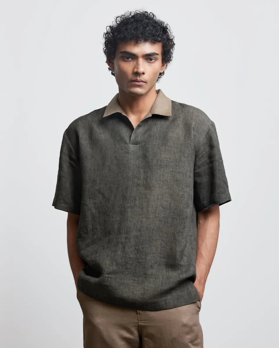 COUNTRYMADE Shirts STONE GREEN CONTRAST POLO SHIRT polo en lin olive beige