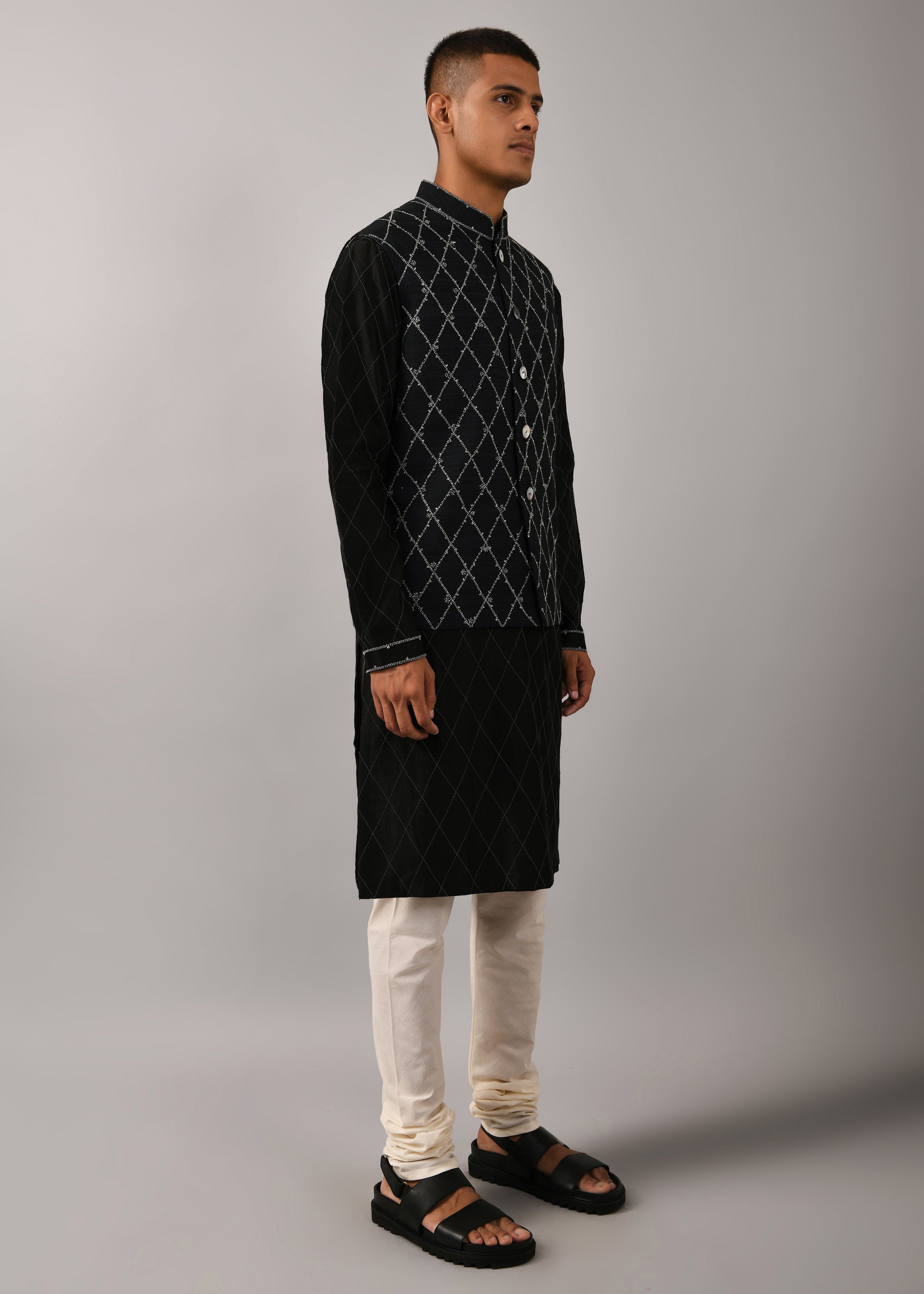 COUNTRYMADE Nehru Jackets Diamond Embroidered Bundi veste noire L