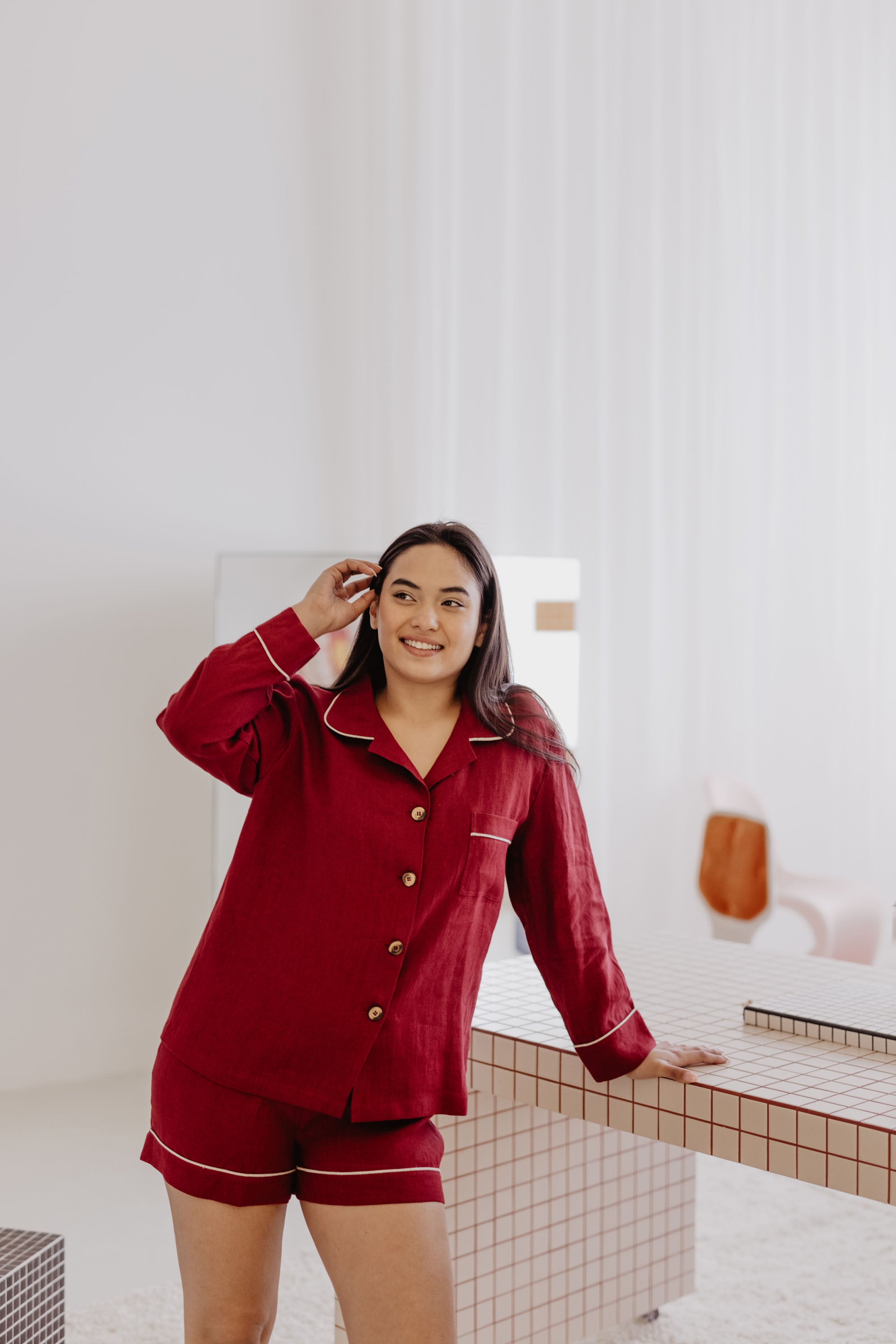 Laumė linen Loungewear PILNATIS pyjama en lin rouge baie XS